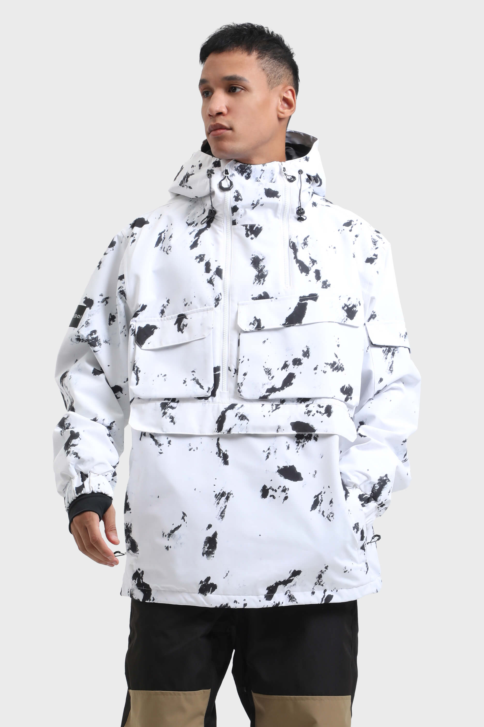 Men's Black Camo Asymmetric Kangaroo Pocket Ski Anorak Waterproof Insulated Snow Anoraks