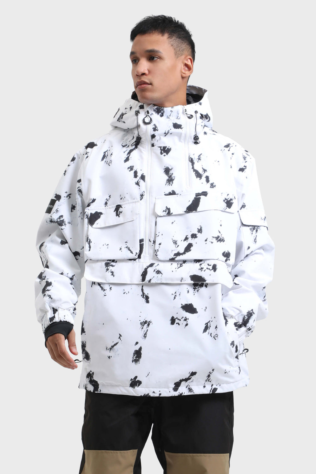 Men's Black Asymmetric Kangaroo Pocket Ski Anorak Waterproof Insulated Snow Anoraks