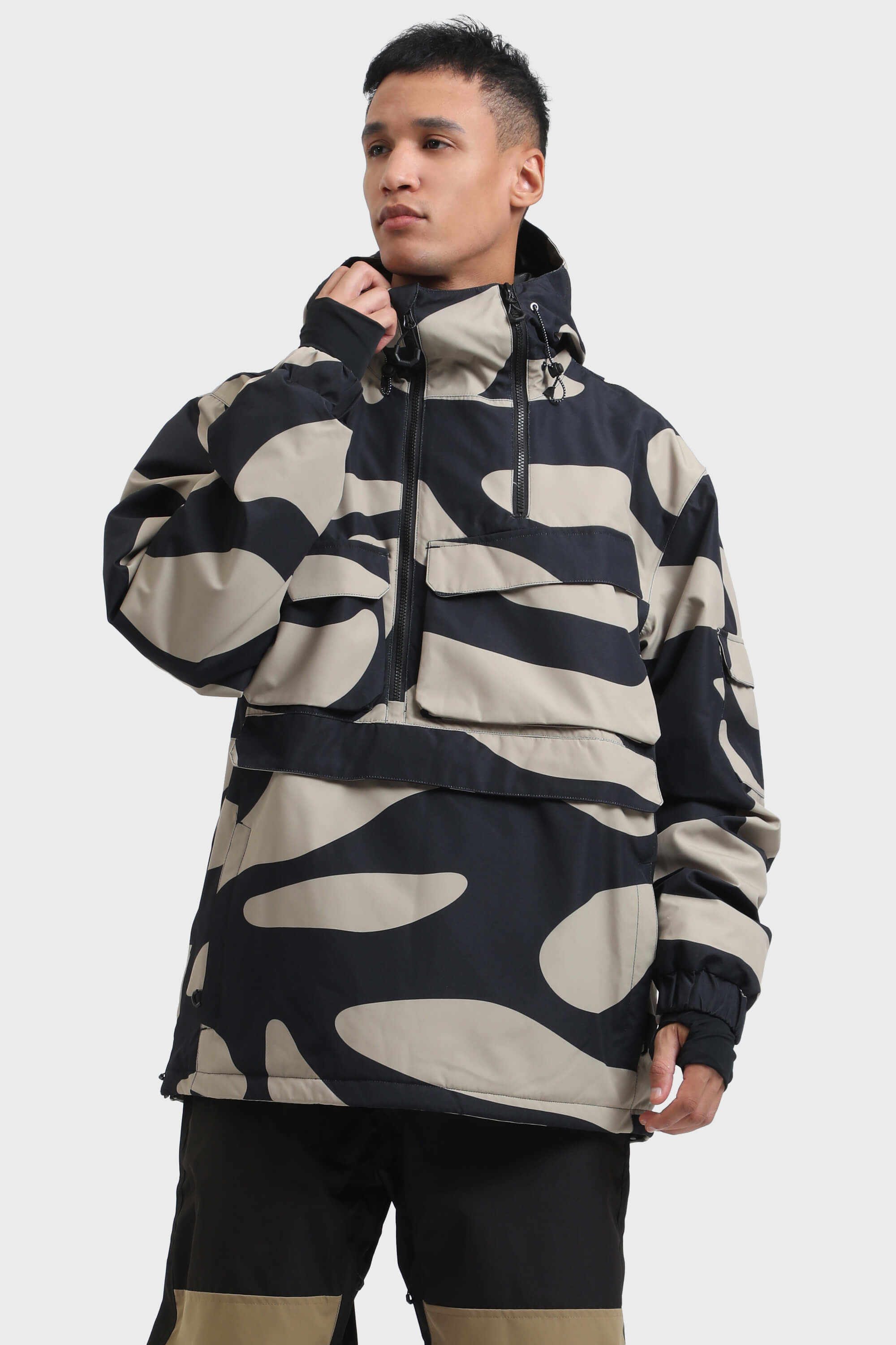 Men's Black Asymmetric Kangaroo Pocket Ski Anorak Waterproof Insulated Snow Anoraks