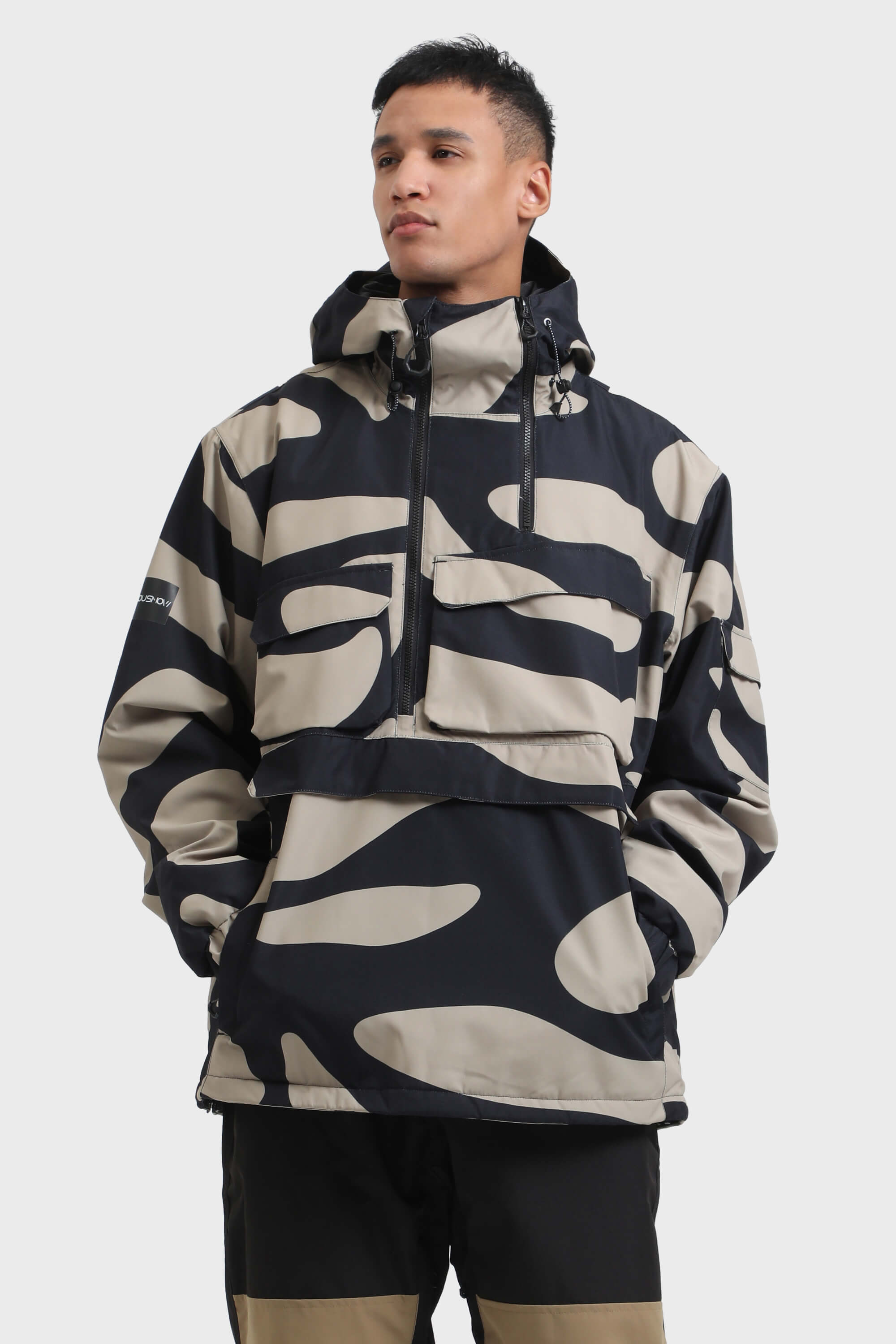 Men's Black Asymmetric Kangaroo Pocket Ski Anorak Waterproof Insulated Snow Anoraks