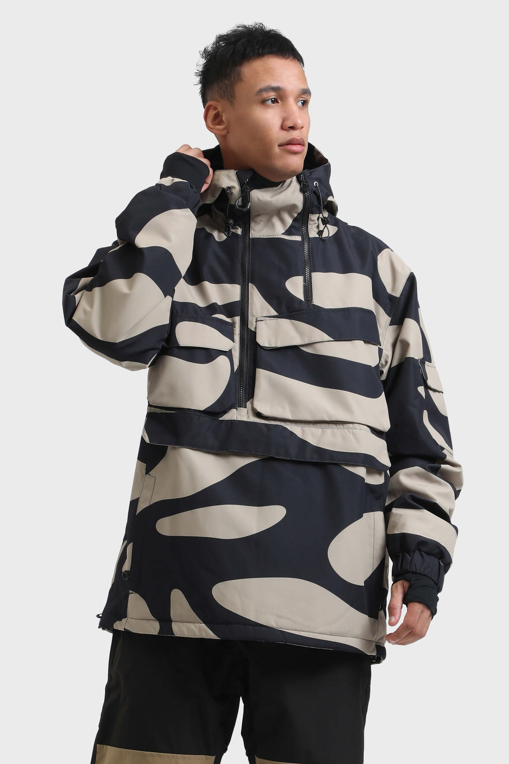 Men's Black Camo Asymmetric Kangaroo Pocket Ski Anorak Waterproof Insulated Snow Anoraks