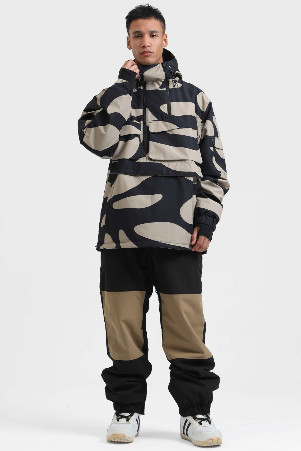 Men's White Asymmetric Kangaroo Pocket Ski Anorak Waterproof Insulated Snow Anoraks