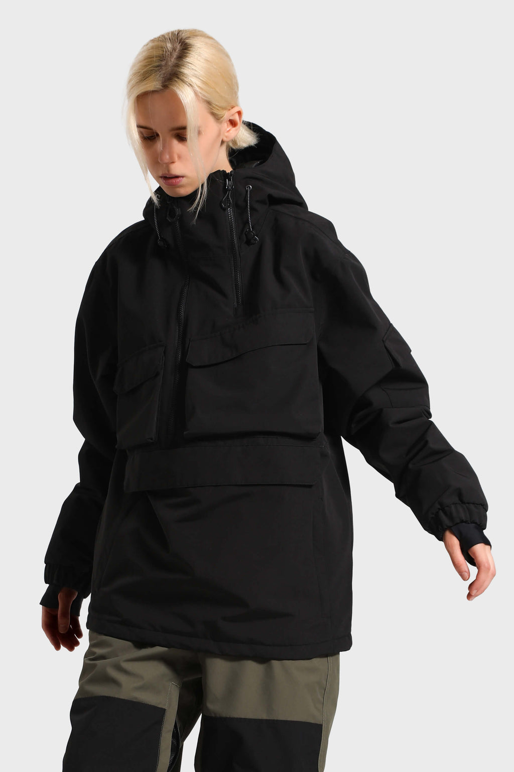 Women's White Asymmetric Kangaroo Pocket Ski Anorak Waterproof Insulated Snow Anoraks