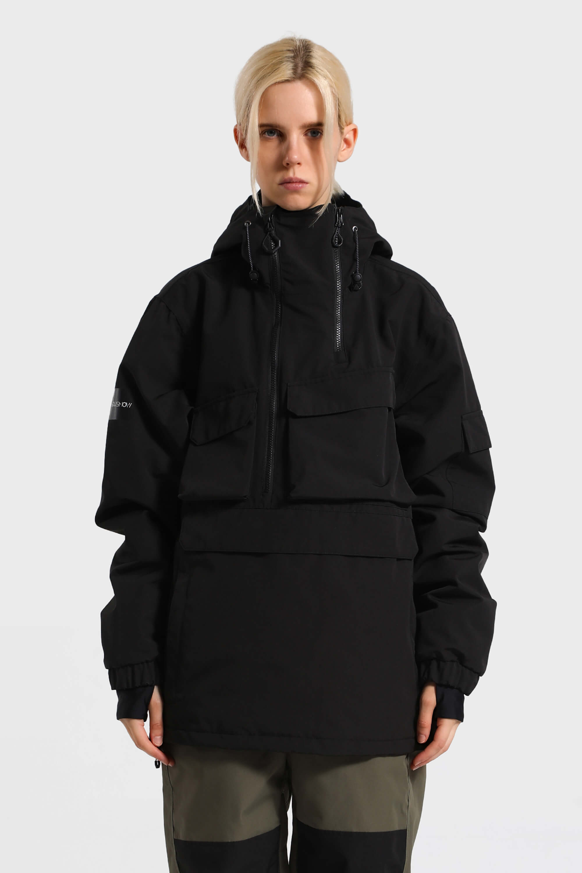 Women's Black Asymmetric Kangaroo Pocket Ski Anorak Waterproof Insulated Snow Anoraks