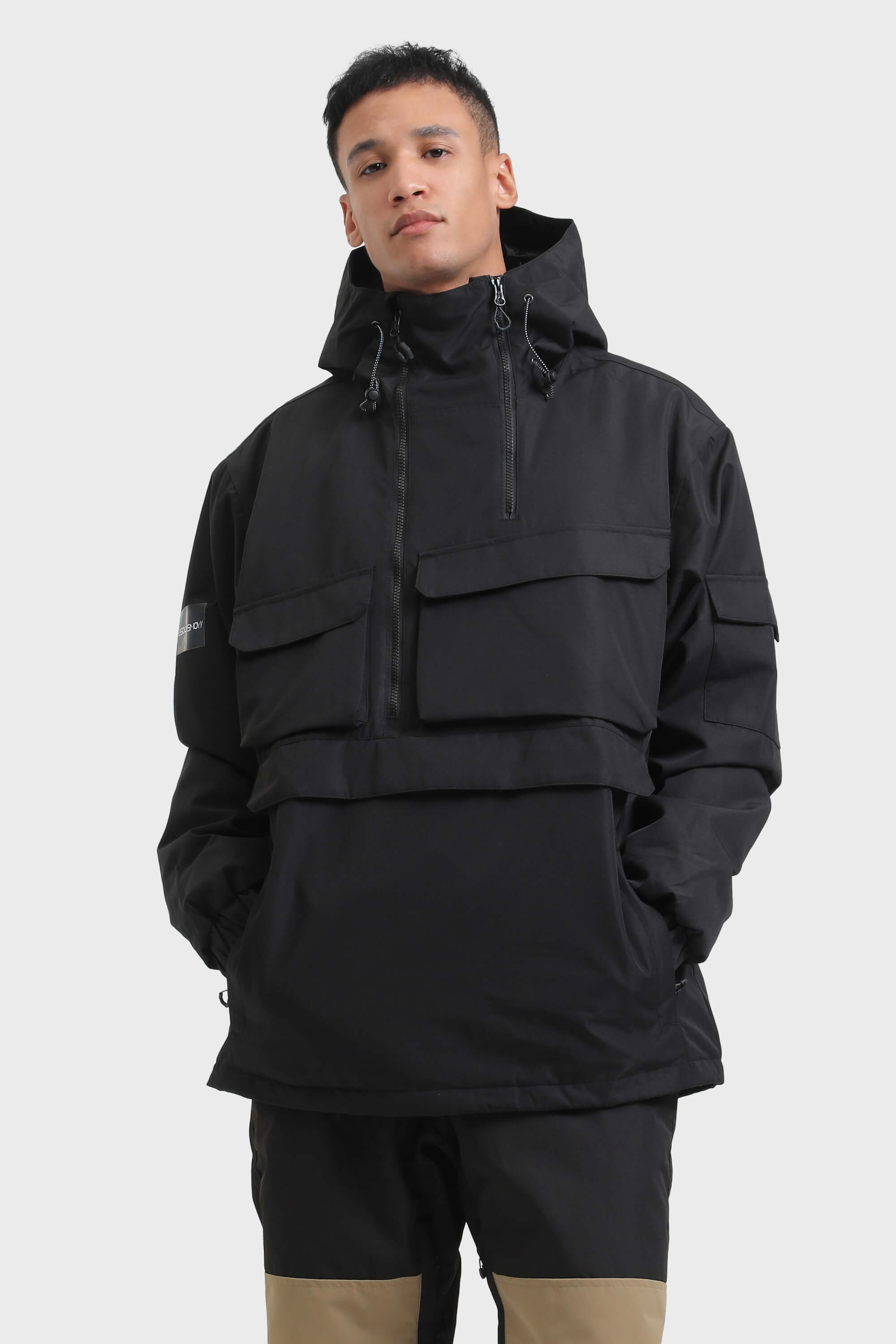 Men's Black Asymmetric Kangaroo Pocket Ski Anorak Waterproof Insulated Snow Anoraks Main image