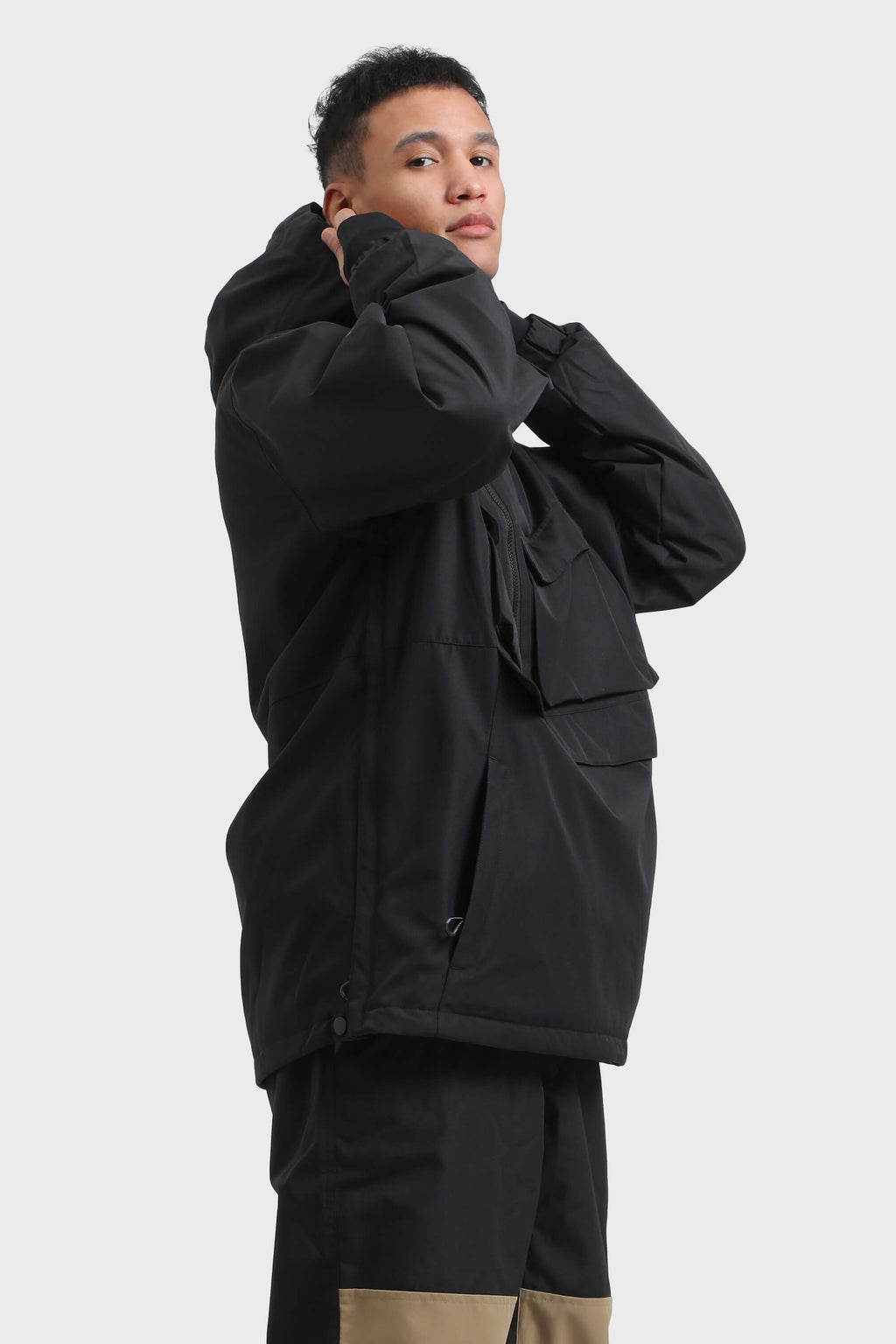 Men's Black Asymmetric Kangaroo Pocket Ski Anorak Waterproof Insulated Snow Anoraks