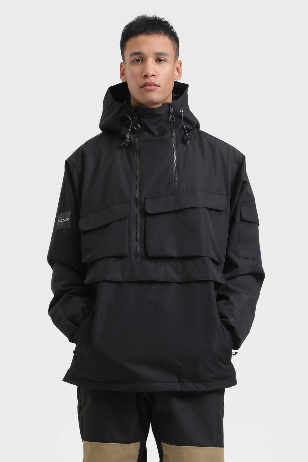 Men's Black Asymmetric Kangaroo Pocket Ski Anorak Waterproof Insulated Snow Anoraks