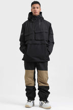 Men's Black Asymmetric Kangaroo Pocket Ski Anorak Waterproof Insulated Snow Anoraks