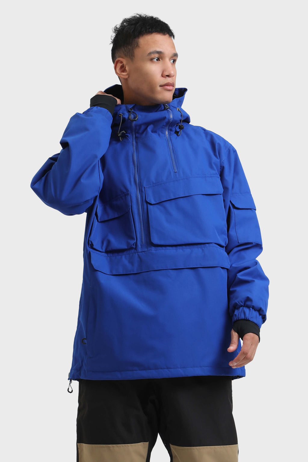 Men's Black Camo Asymmetric Kangaroo Pocket Ski Anorak Waterproof Insulated Snow Anoraks