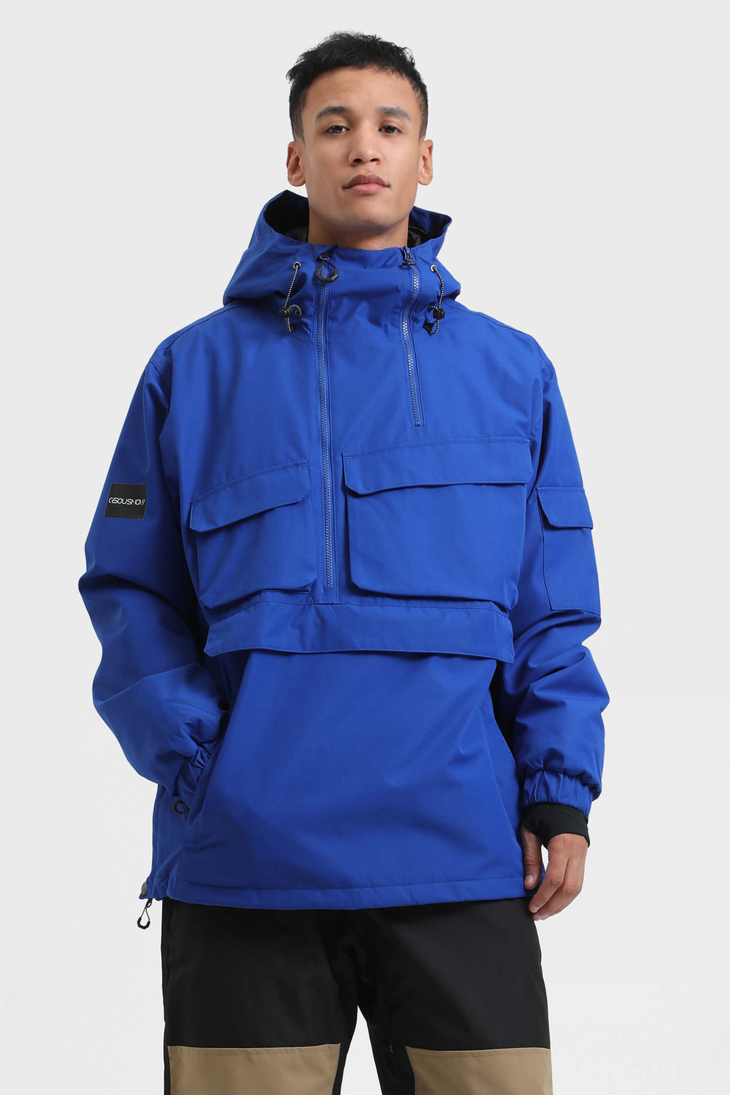 Men's Black Asymmetric Kangaroo Pocket Ski Anorak Waterproof Insulated Snow Anoraks