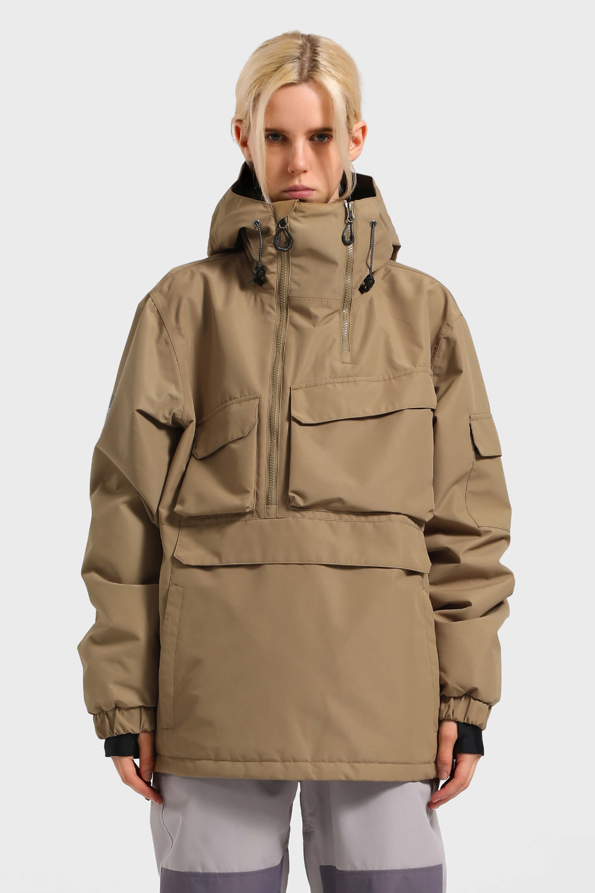 Women's Brown Asymmetric Kangaroo Pocket Ski Anorak Waterproof Insulated Snow Anoraks Main image