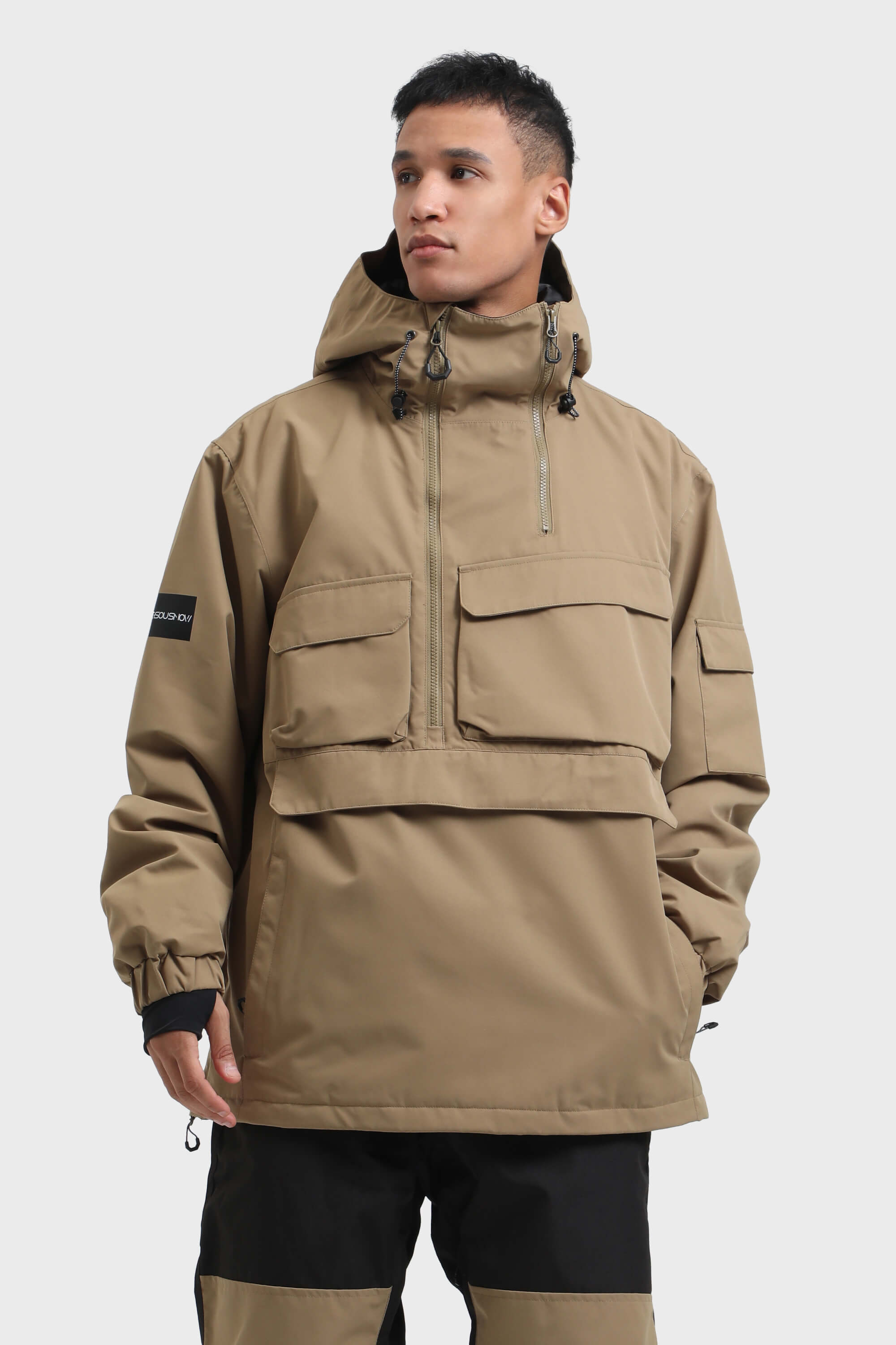 Men's Black Asymmetric Kangaroo Pocket Ski Anorak Waterproof Insulated Snow Anoraks