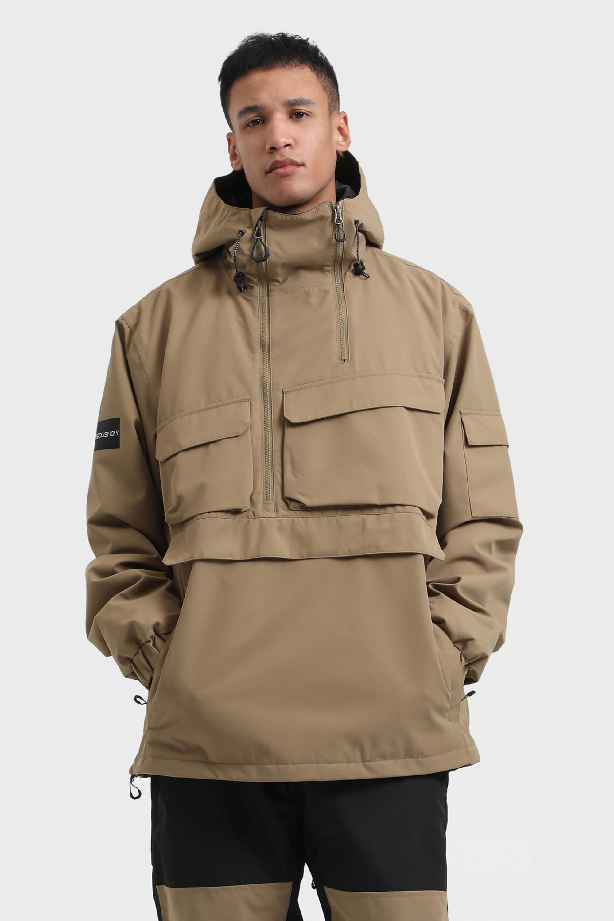 Men's Black Asymmetric Kangaroo Pocket Ski Anorak Waterproof Insulated Snow Anoraks