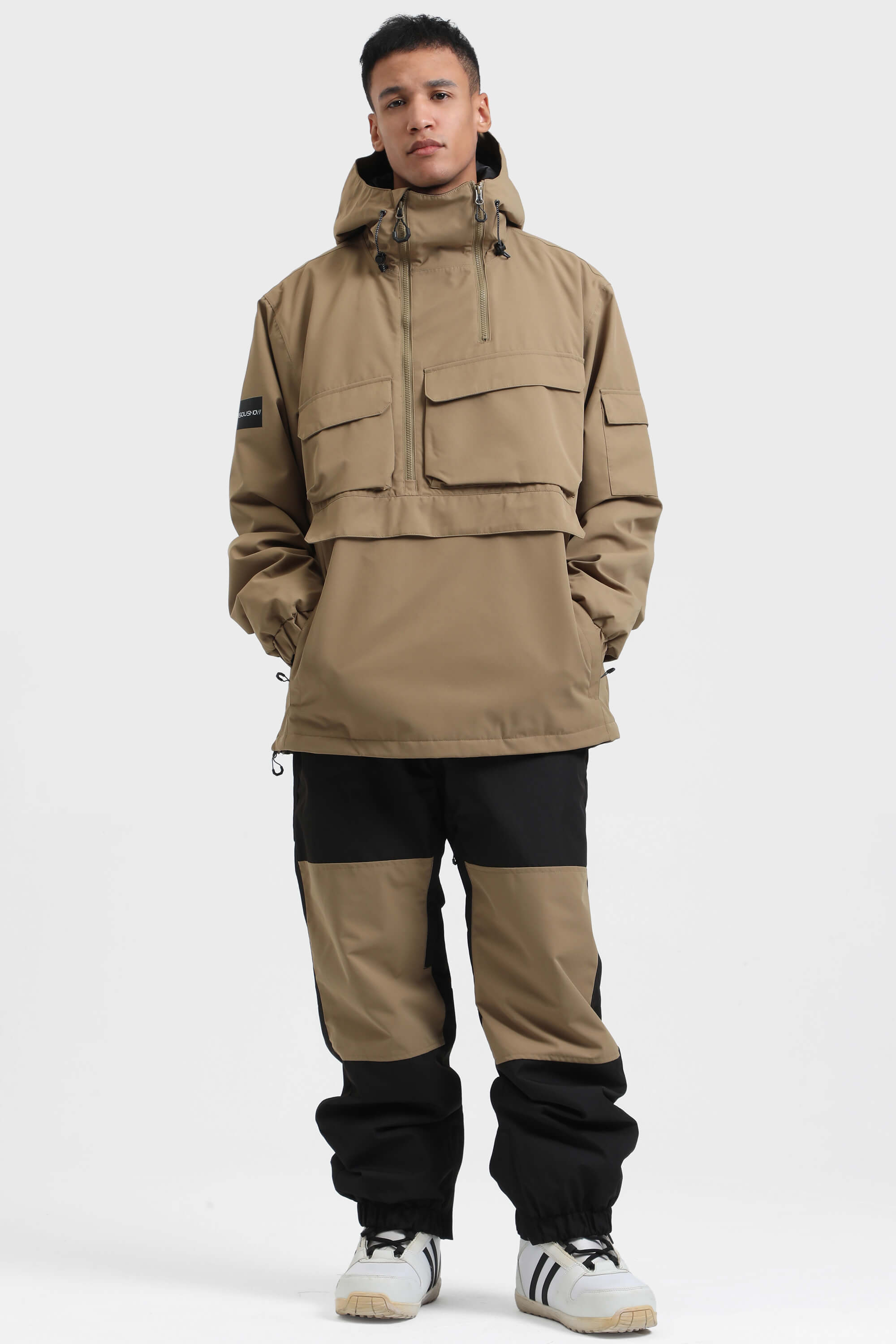 Men's Black Camo Asymmetric Kangaroo Pocket Ski Anorak Waterproof Insulated Snow Anoraks