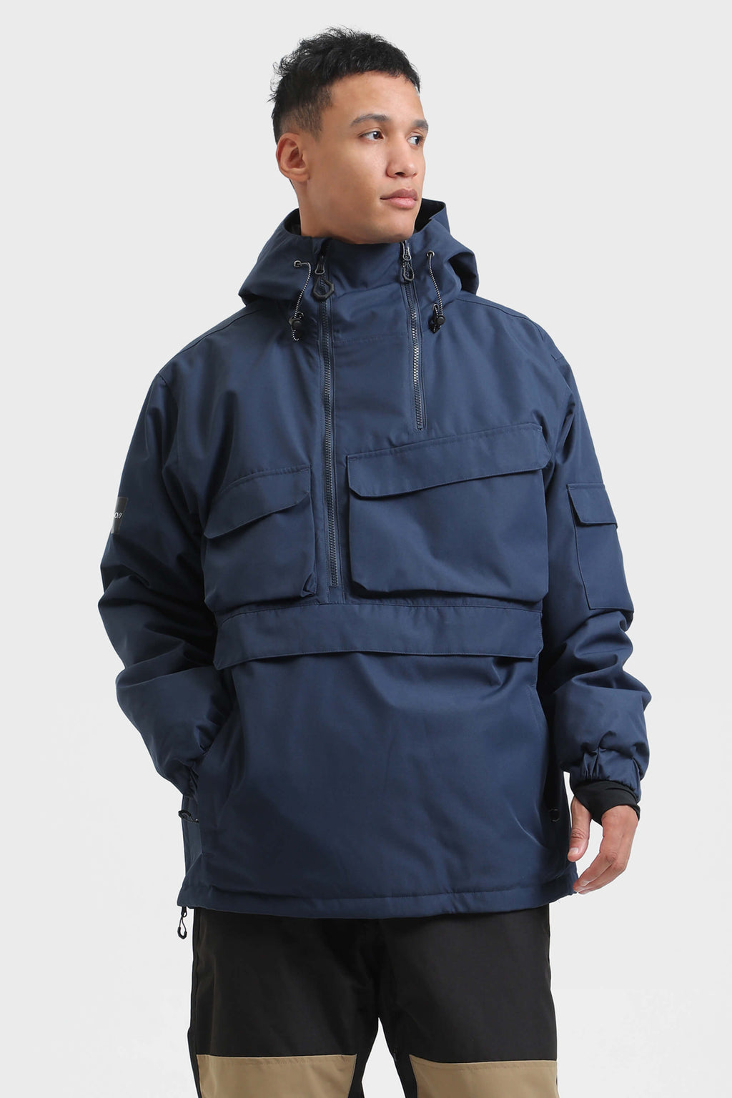Men's Black Asymmetric Kangaroo Pocket Ski Anorak Waterproof Insulated Snow Anoraks