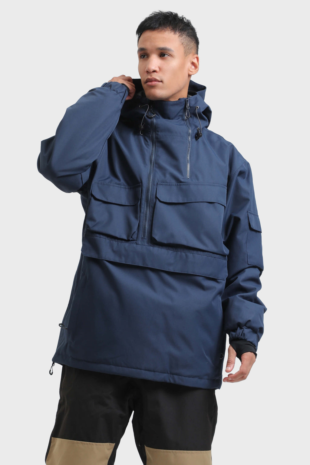 Men's Black Asymmetric Kangaroo Pocket Ski Anorak Waterproof Insulated Snow Anoraks