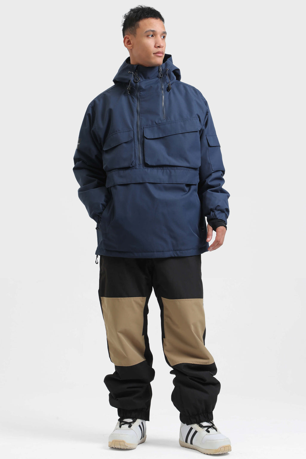 Men's Black Asymmetric Kangaroo Pocket Ski Anorak Waterproof Insulated Snow Anoraks