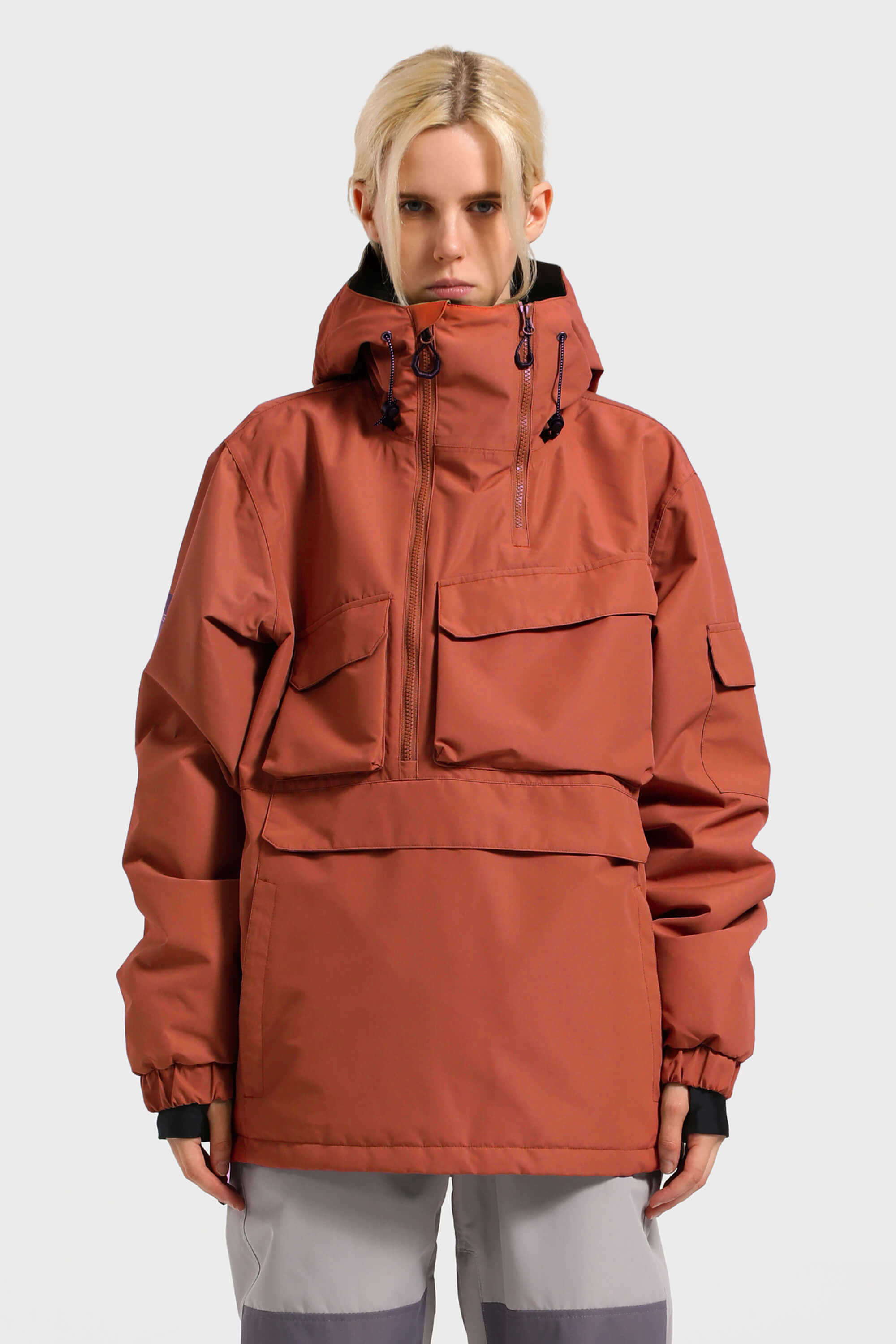 Women's Black Asymmetric Kangaroo Pocket Ski Anorak Waterproof Insulated Snow Anoraks