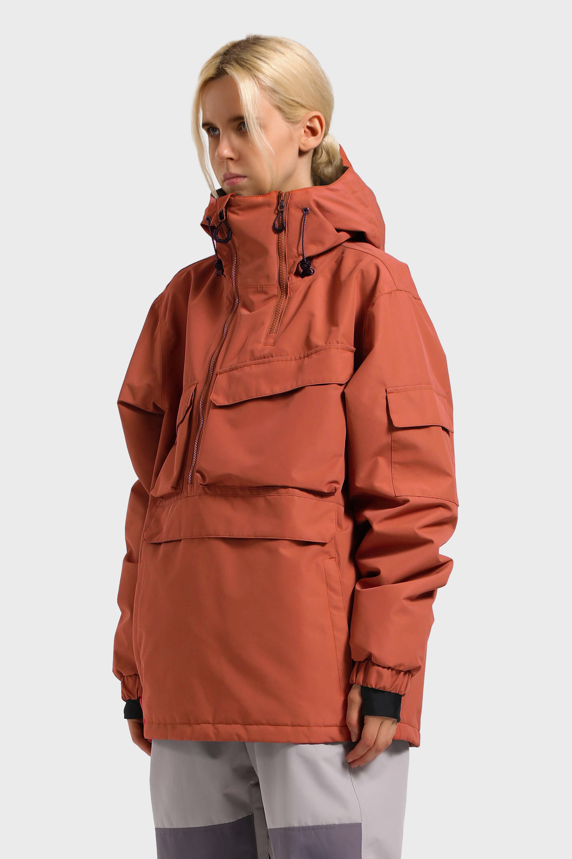 Women's Black Asymmetric Kangaroo Pocket Ski Anorak Waterproof Insulated Snow Anoraks