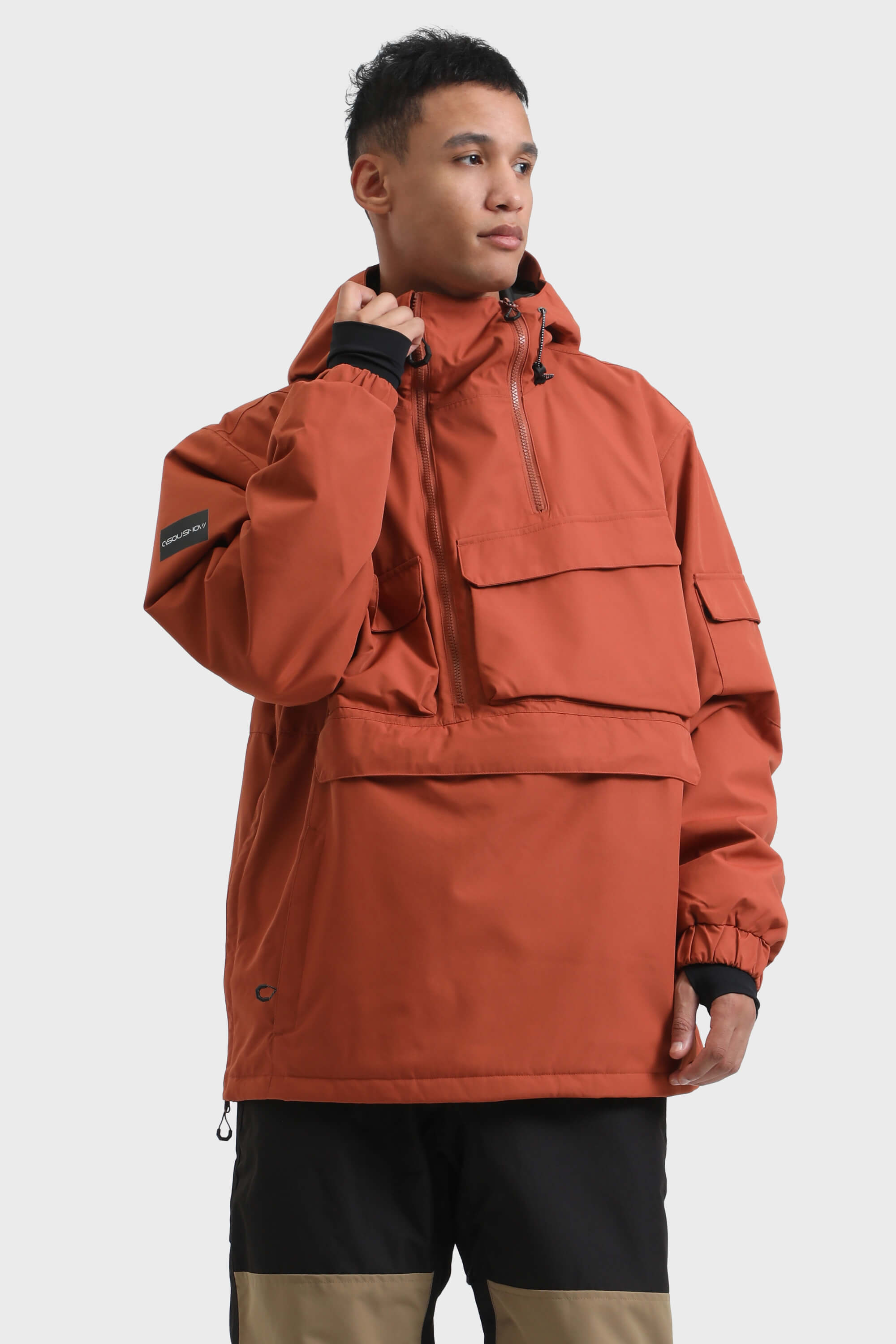 Men's Black Asymmetric Kangaroo Pocket Ski Anorak Waterproof Insulated Snow Anoraks