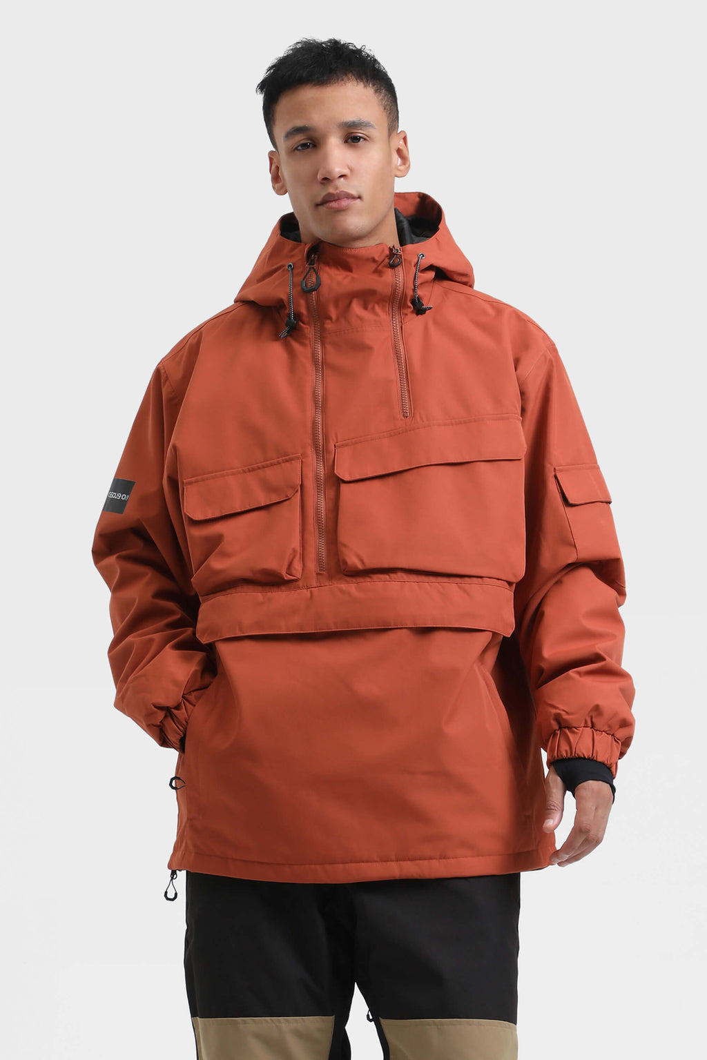 Men's Black Asymmetric Kangaroo Pocket Ski Anorak Waterproof Insulated Snow Anoraks