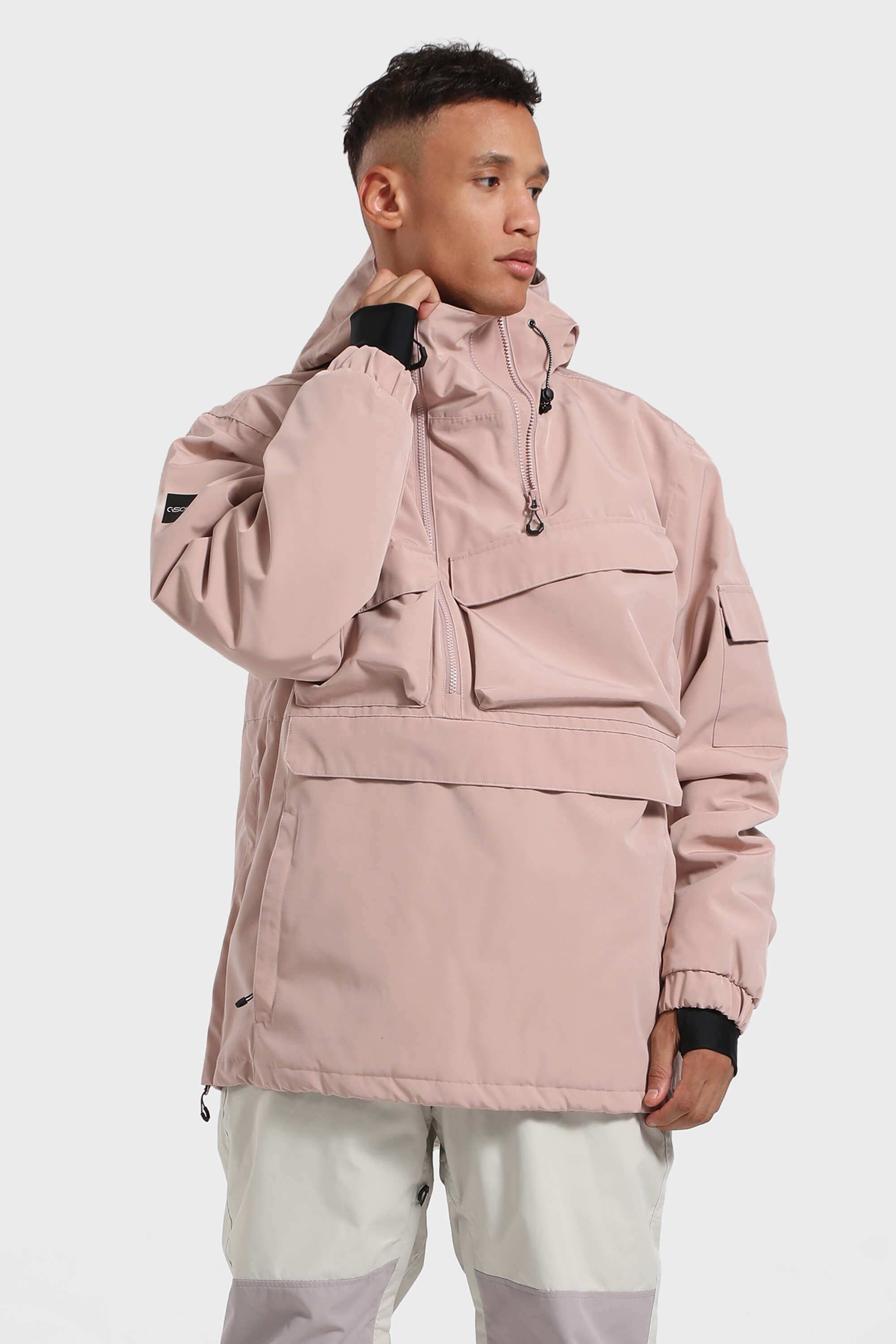 Men's Black Asymmetric Kangaroo Pocket Ski Anorak Waterproof Insulated Snow Anoraks