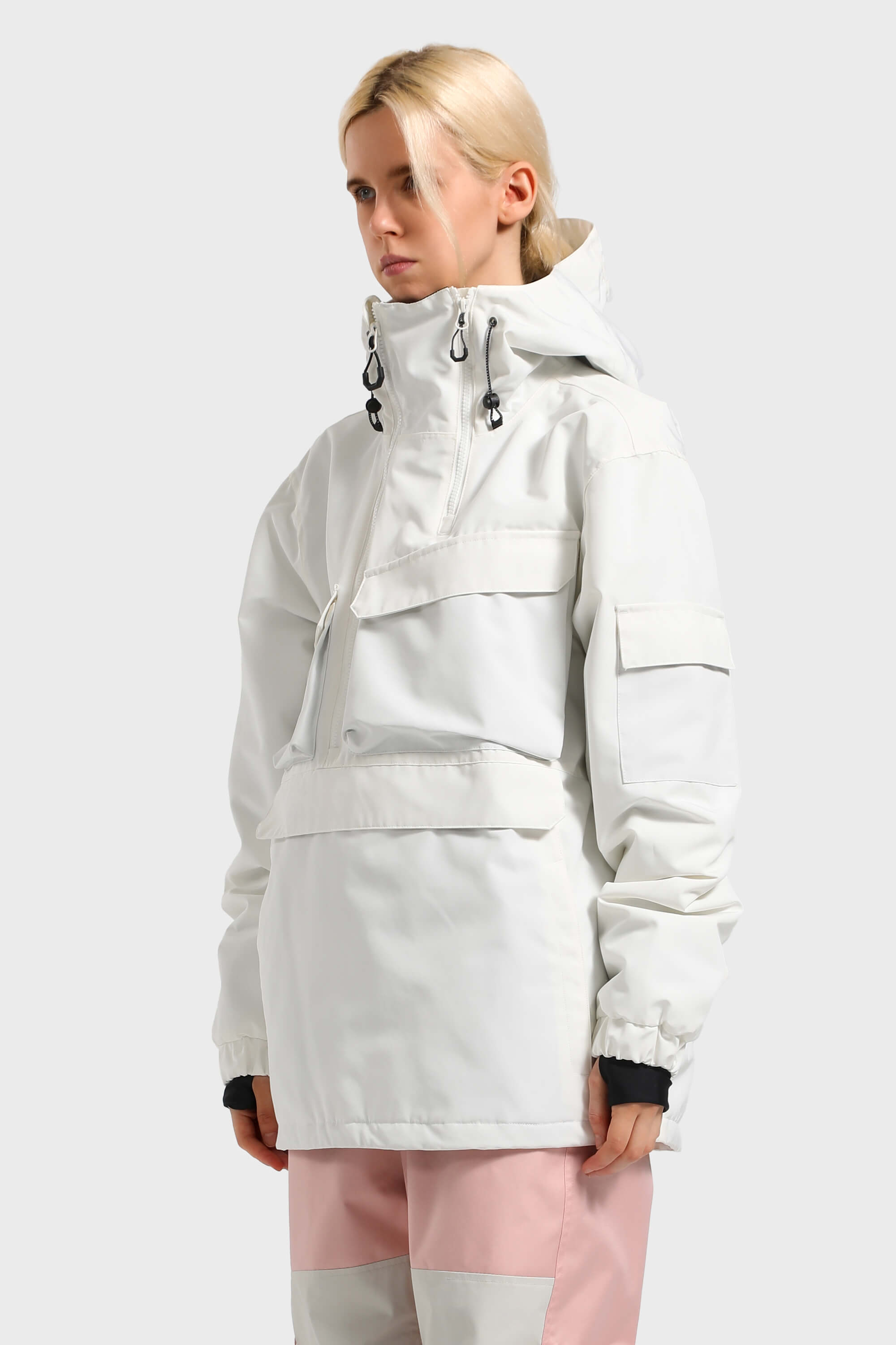 Women's Pink Asymmetric Kangaroo Pocket Ski Anorak Waterproof Insulated Snow Anoraks