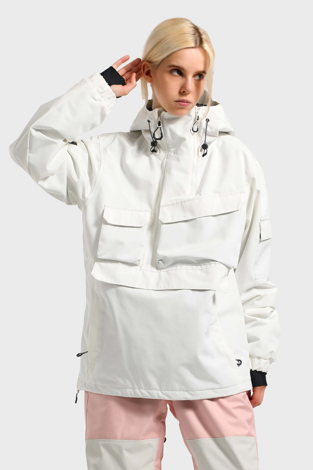 Women's Pink Asymmetric Kangaroo Pocket Ski Anorak Waterproof Insulated Snow Anoraks