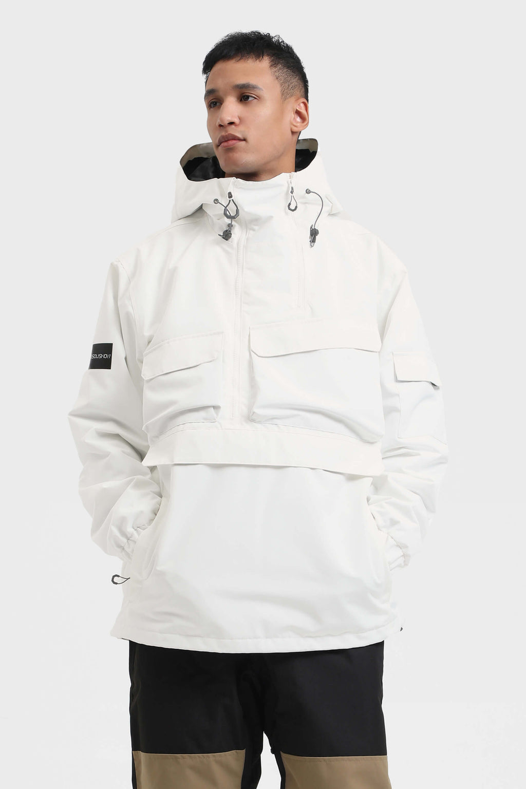 Men's White Asymmetric Kangaroo Pocket Ski Anorak Waterproof Insulated Snow Anoraks