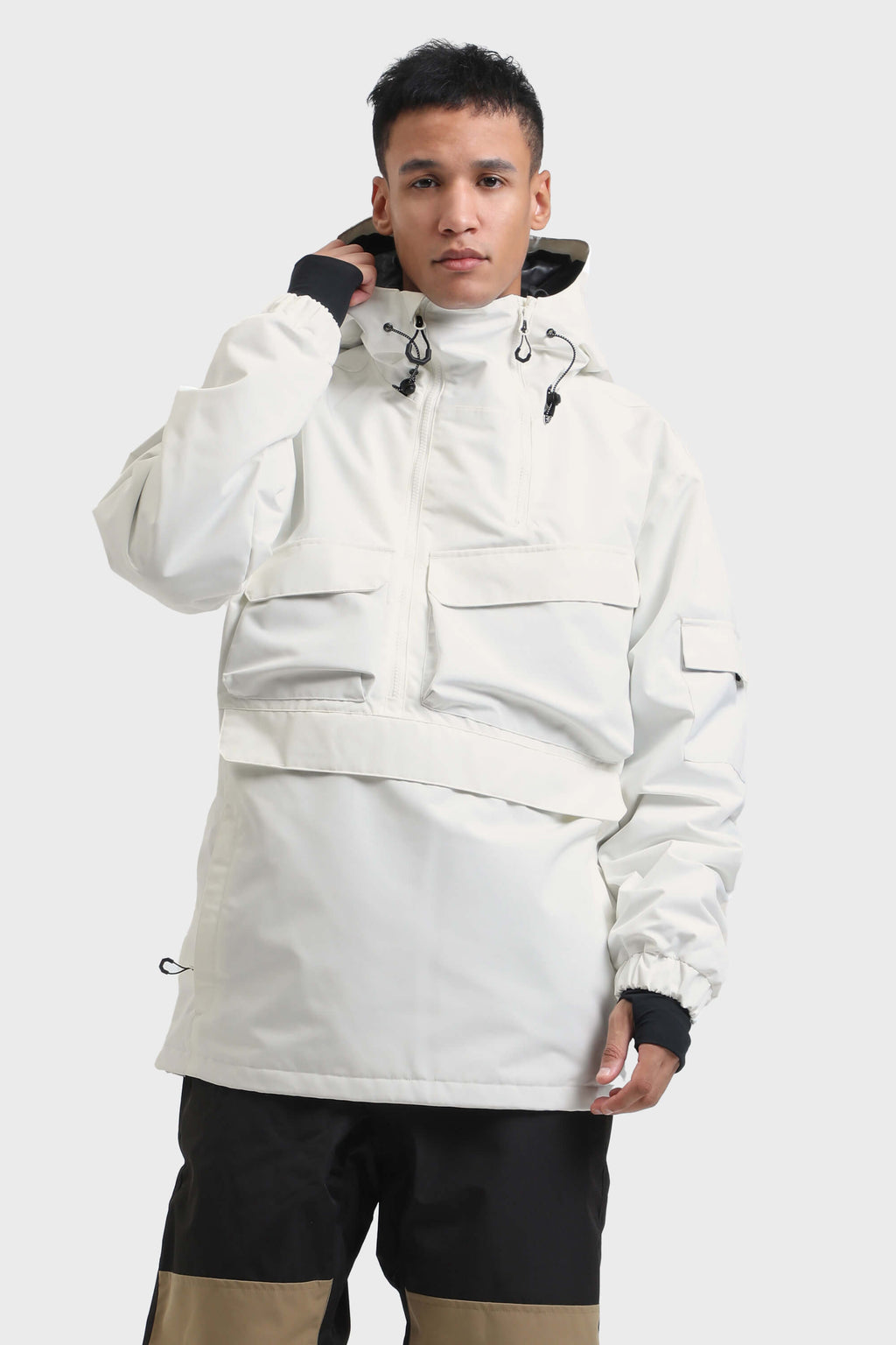 Men's Black Asymmetric Kangaroo Pocket Ski Anorak Waterproof Insulated Snow Anoraks