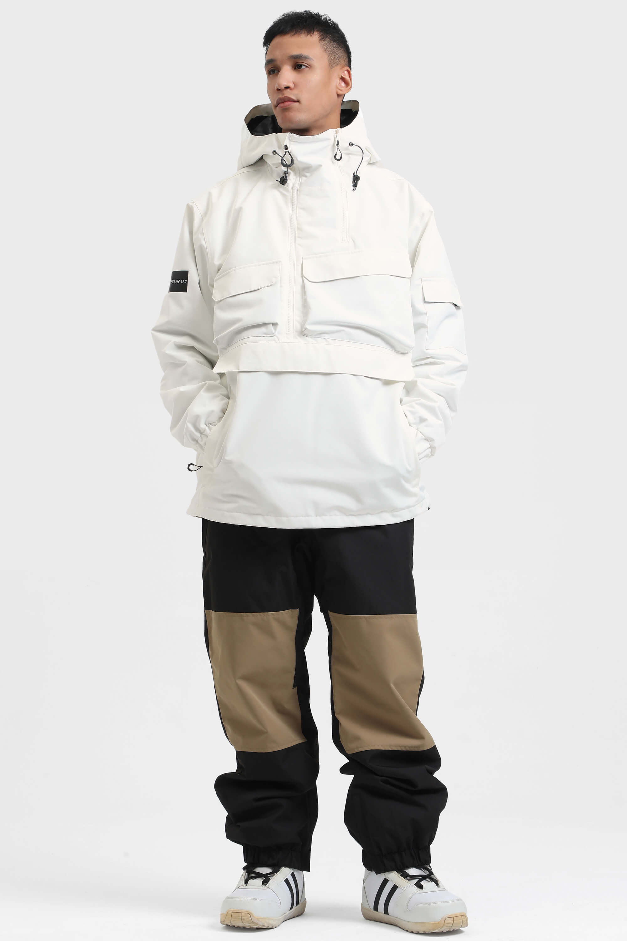Men's Black Asymmetric Kangaroo Pocket Ski Anorak Waterproof Insulated Snow Anoraks
