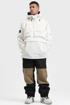 Men's White Asymmetric Kangaroo Pocket Ski Anorak Waterproof Insulated Snow Anoraks