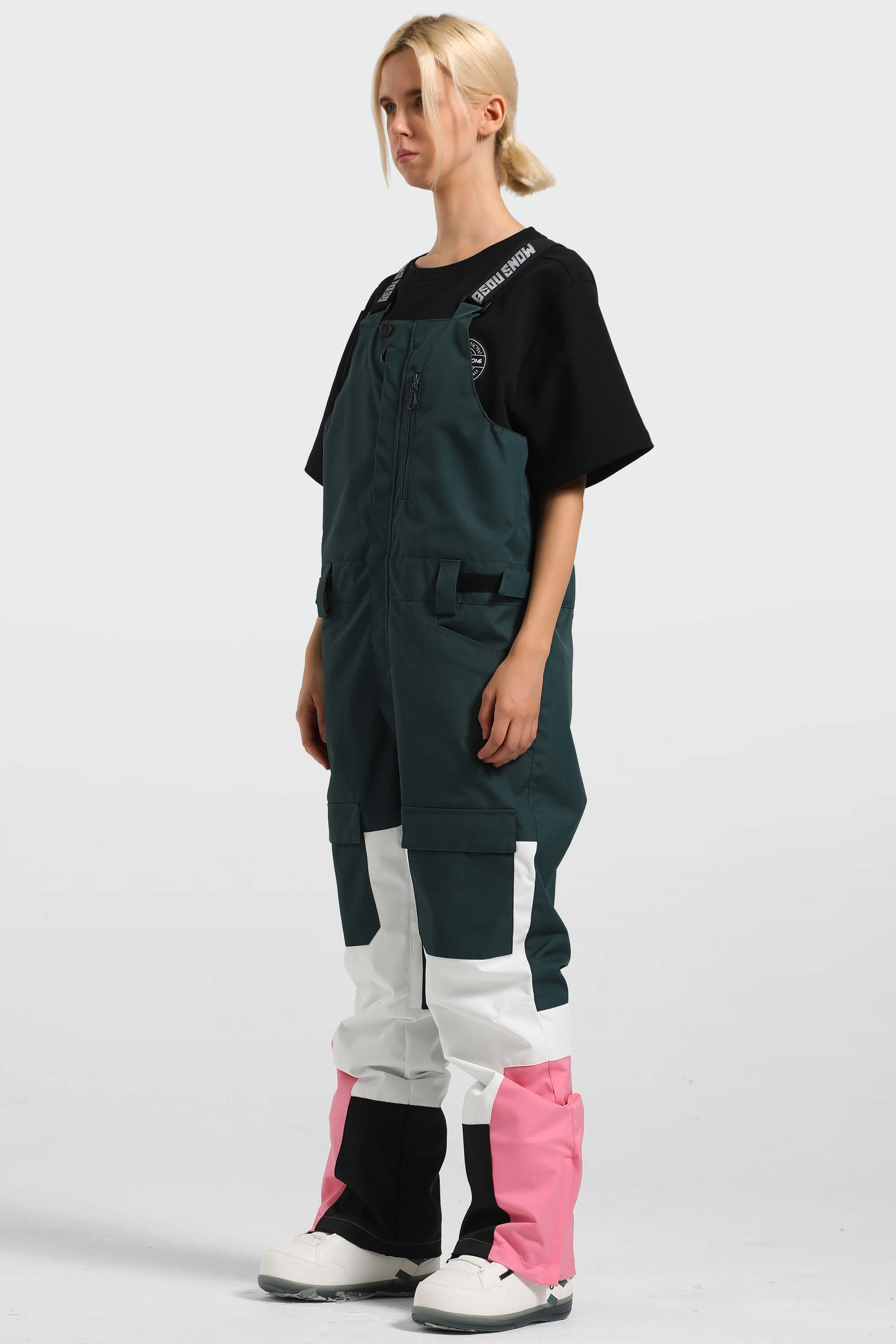 Women's Green & White Versatile Multi-Pocket Ski Bibs Snow Bibs
