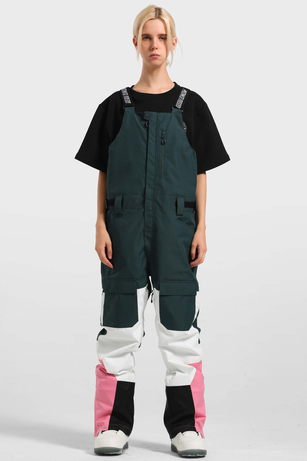 Women's Green & White Versatile Multi-Pocket Ski Bibs Snow Bibs