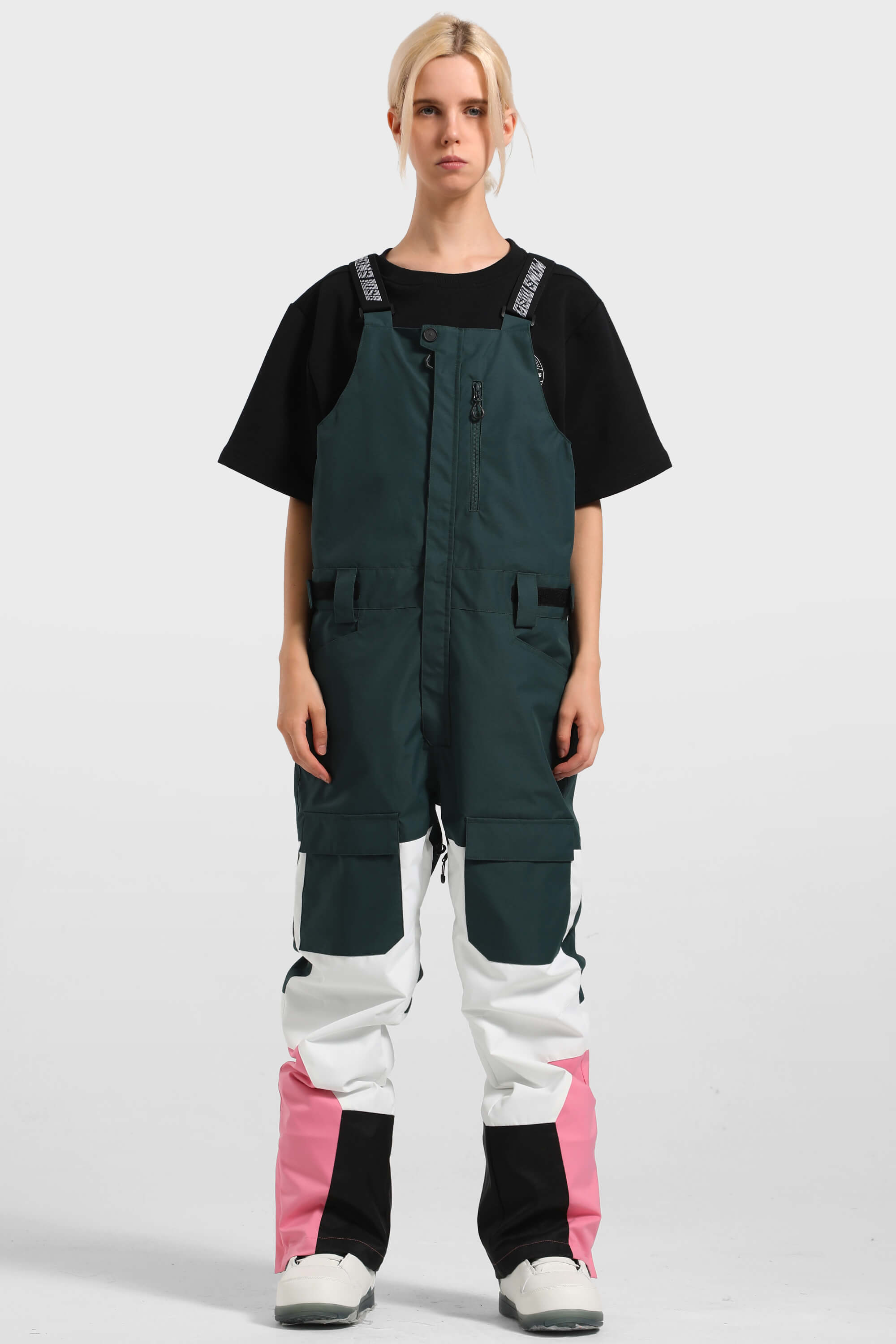 Women's Green & White Versatile Multi-Pocket Ski Bibs Snow Bibs