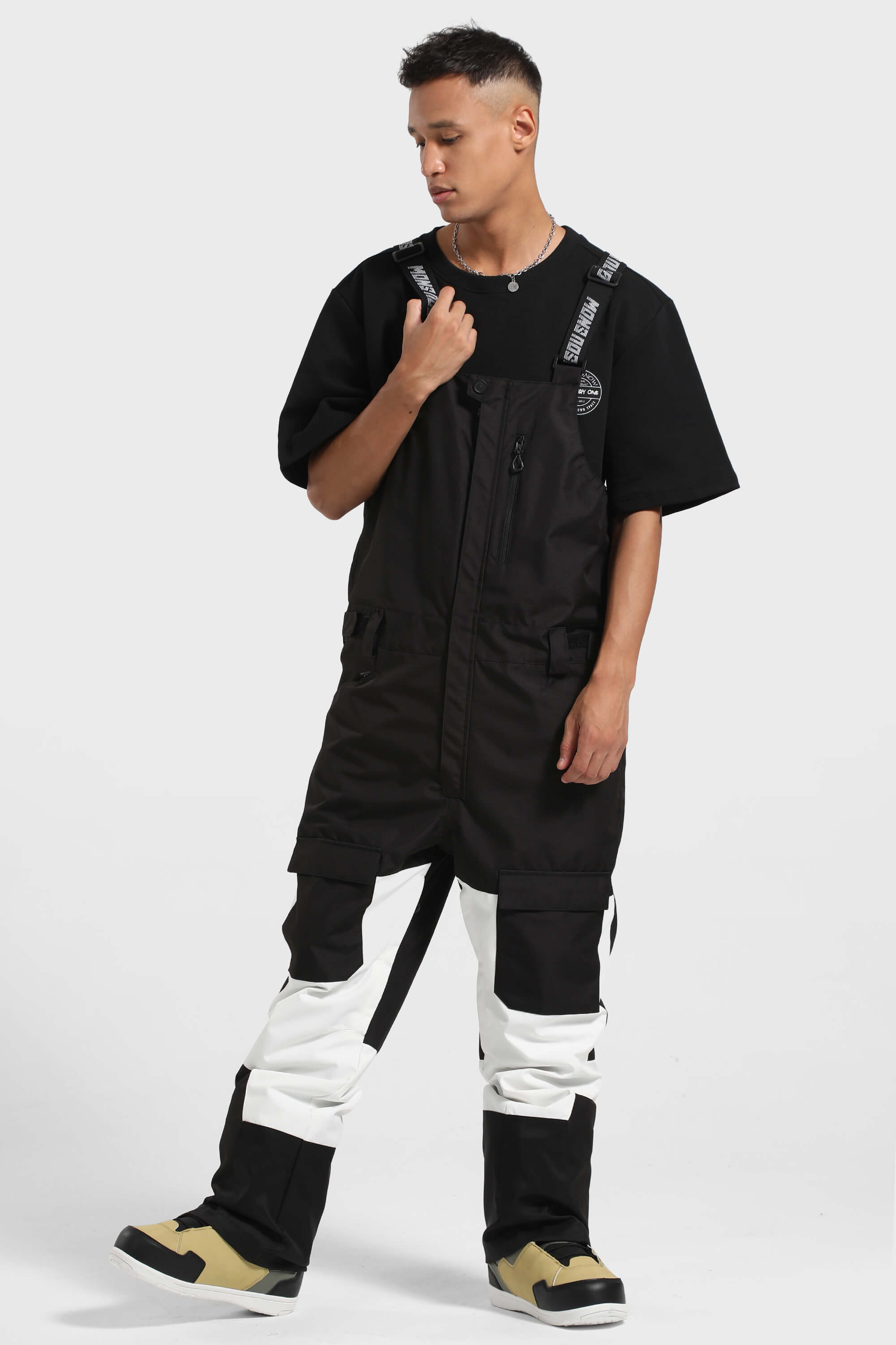 Men's Black Wavy Stripe Versatile Multi-Pocket Ski Bibs Snow Bibs