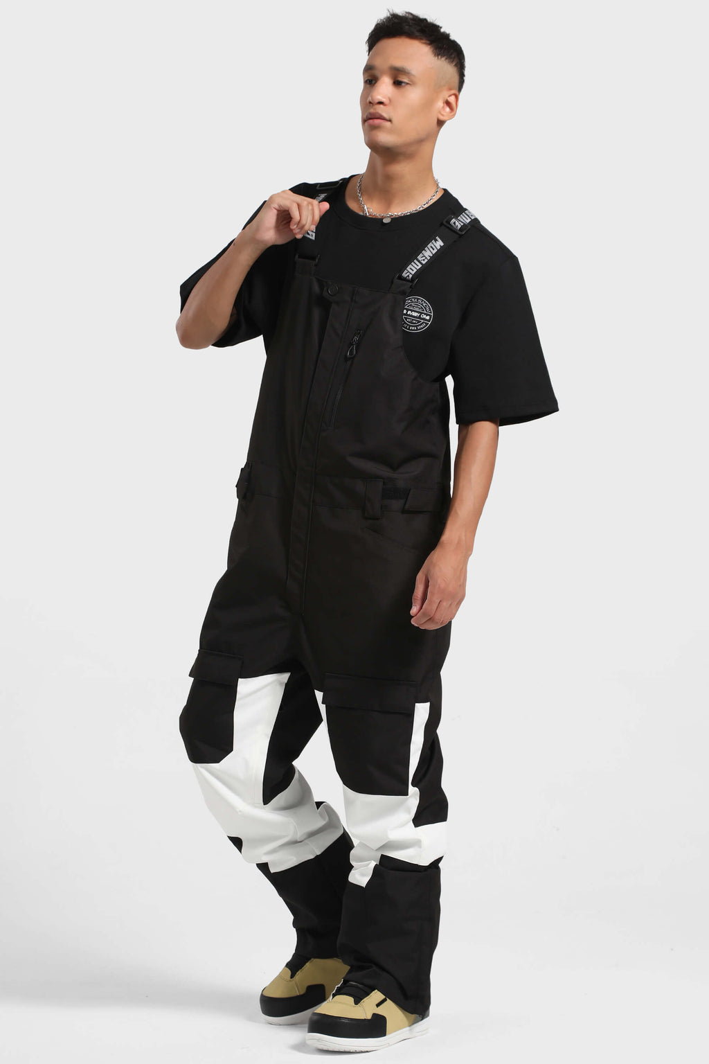 Men's Black & White Versatile Multi-Pocket Ski Bibs Snow Bibs
