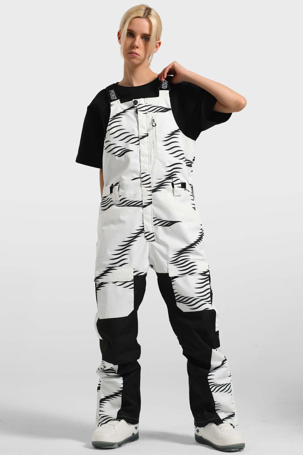 Women's Black Wavy Stripe Versatile Multi-Pocket Ski Bibs Snow Bibs
