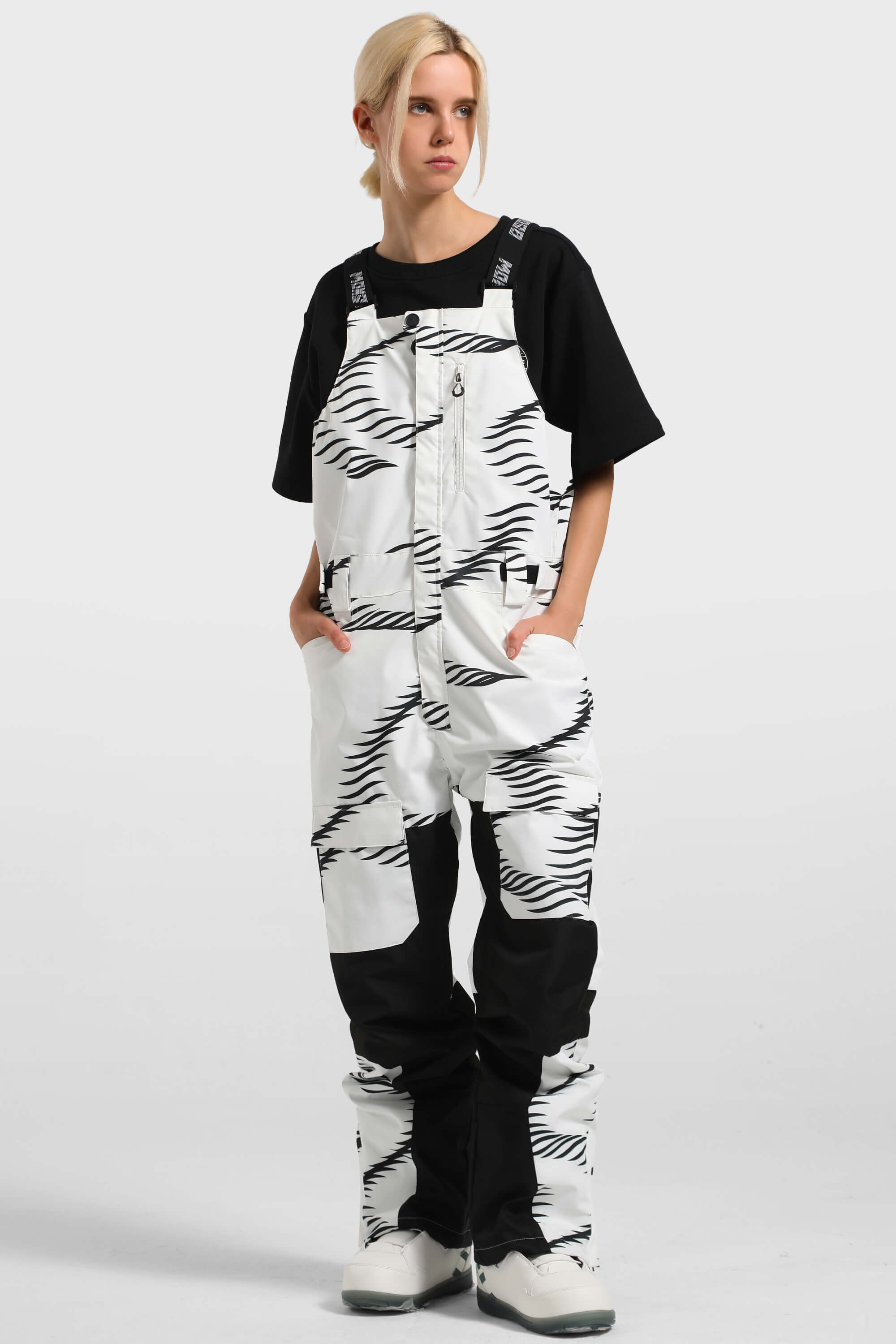 Women's Black Wavy Stripe Versatile Multi-Pocket Ski Bibs Snow Bibs