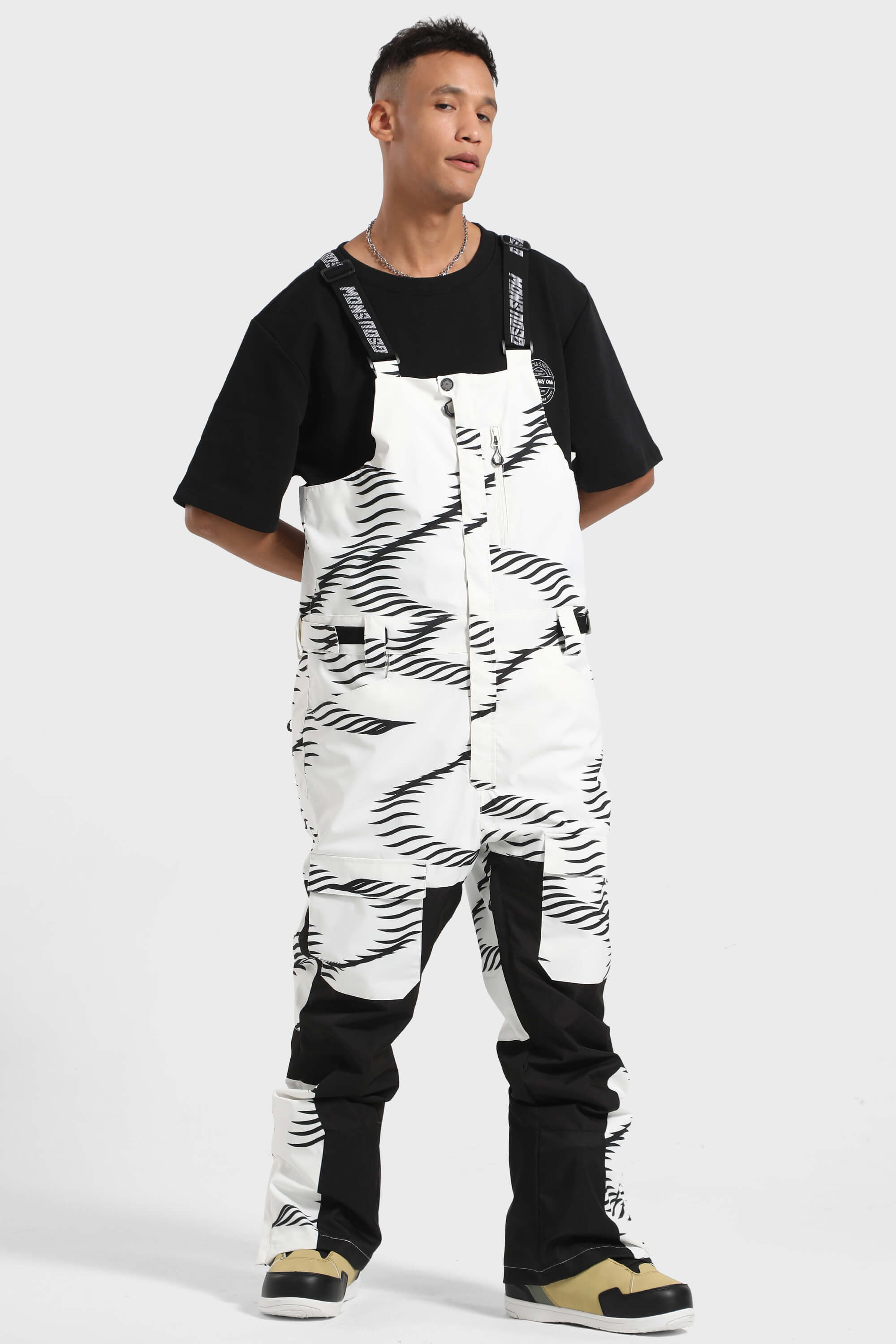 Men's Black & White Versatile Multi-Pocket Ski Bibs Snow Bibs