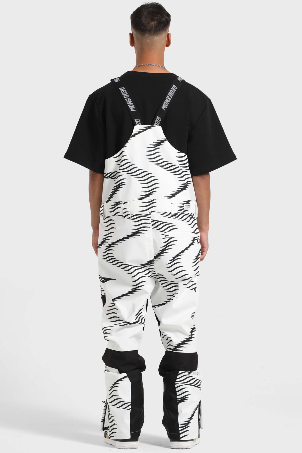 Men's Black Wavy Stripe Versatile Multi-Pocket Ski Bibs Snow Bibs
