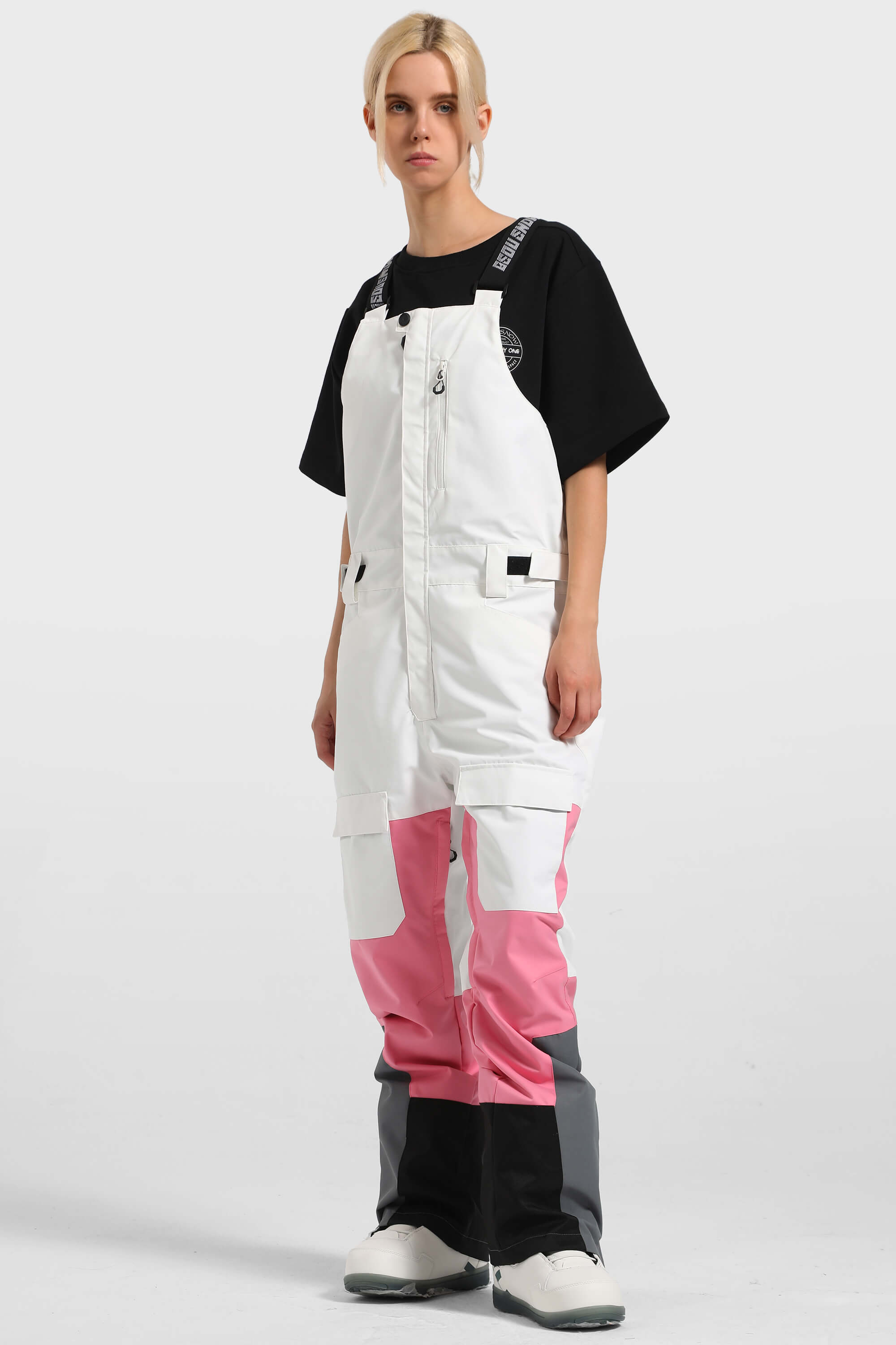 Women's Black Wavy Stripe Versatile Multi-Pocket Ski Bibs Snow Bibs