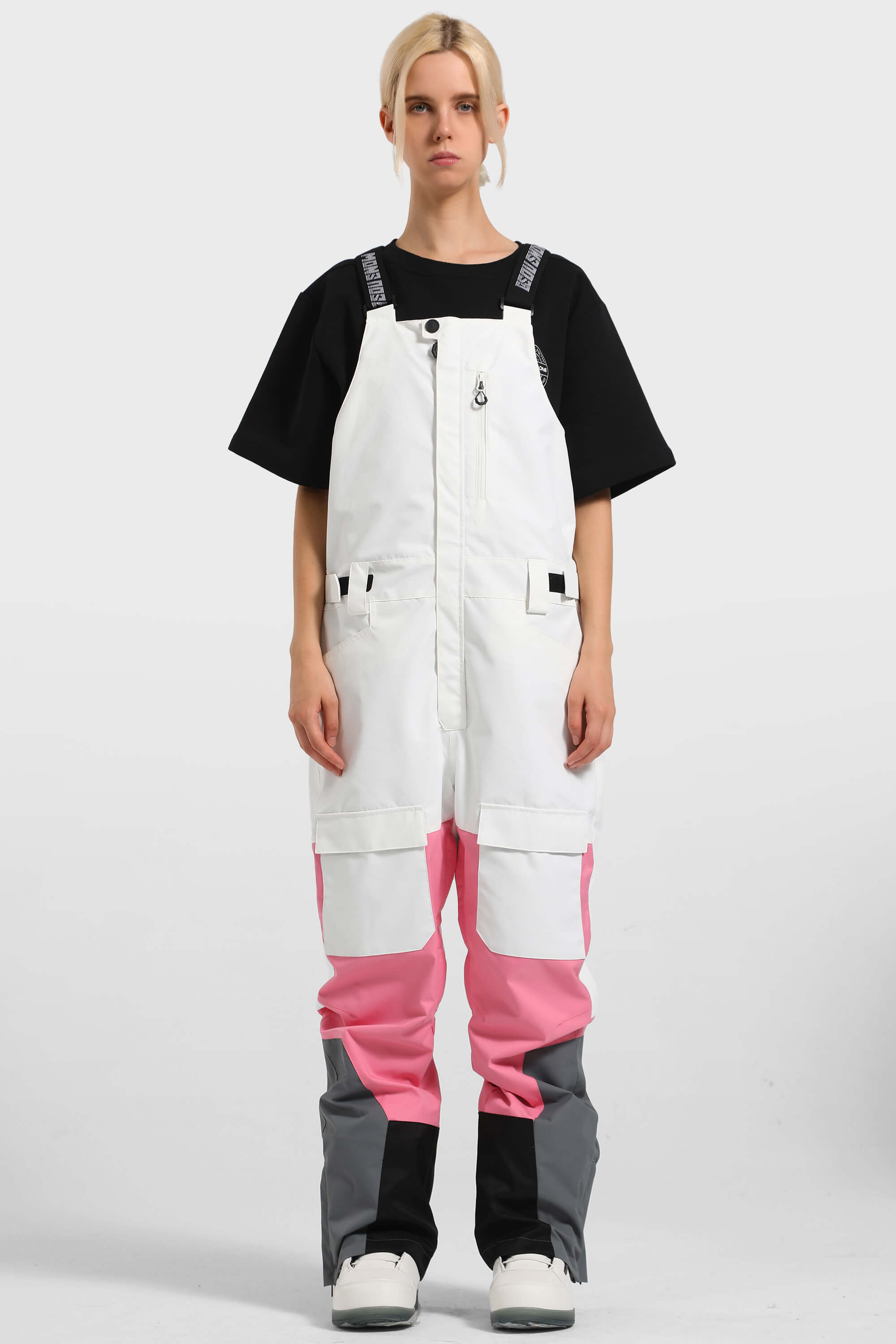 Women's White & Pink Versatile Multi-Pocket Ski Bibs Snow Bibs Main image