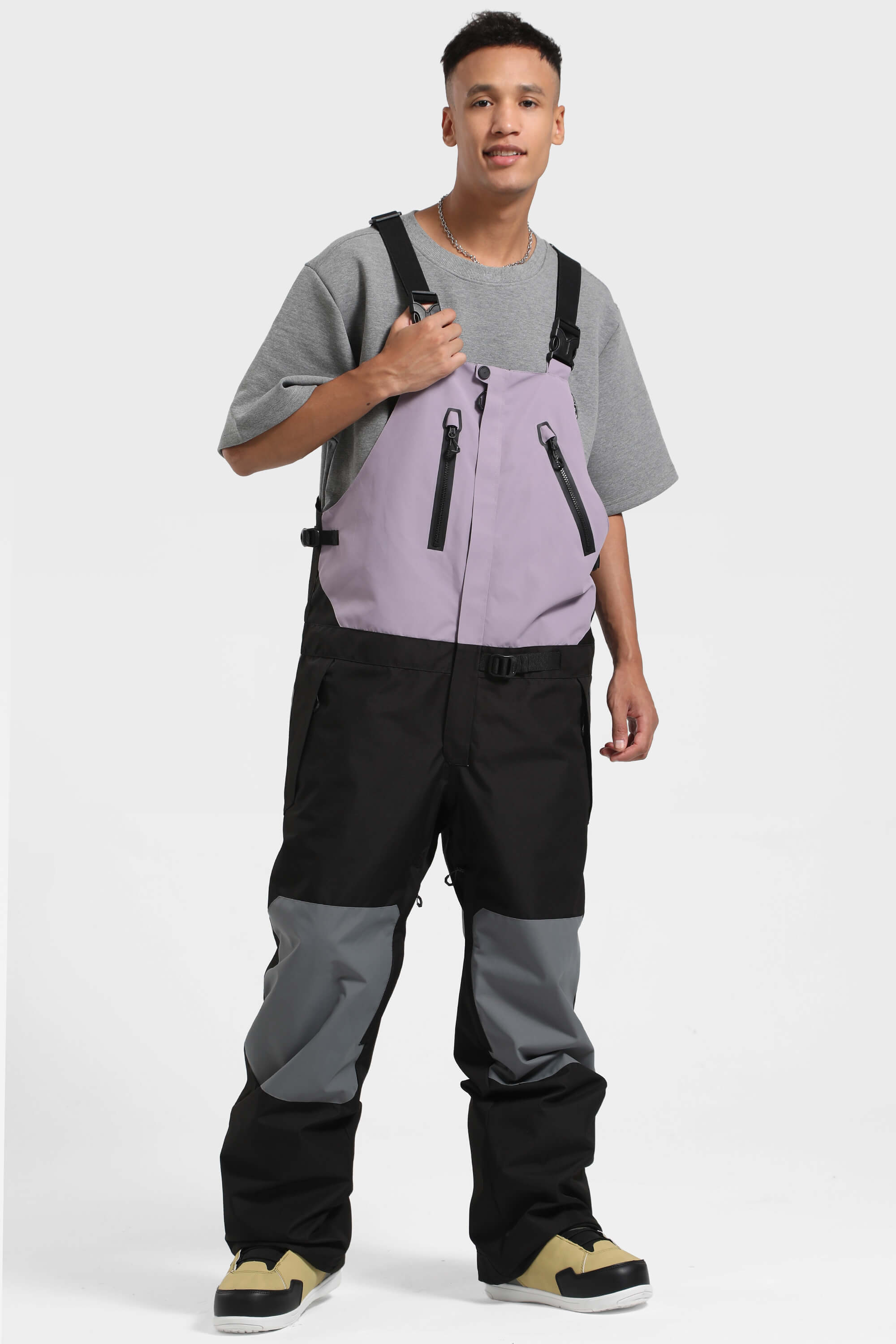 Men's Lavender & Black Lightweight Breathable Waterproof Ski Bibs Snow Bibs Main image