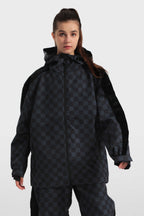 Women's Black Fleece-Lined Plaid Ski Jacket Waterproof Velvet Snow Jacket