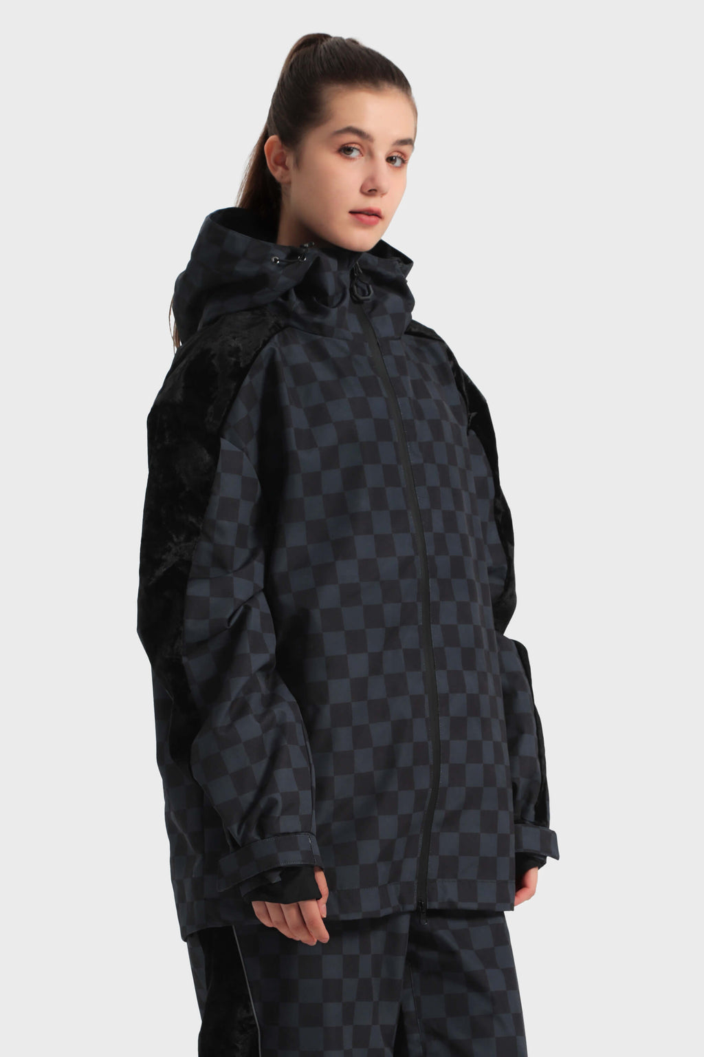 Women's Black Fleece-Lined Plaid Ski Jacket Waterproof Velvet Snow Jacket