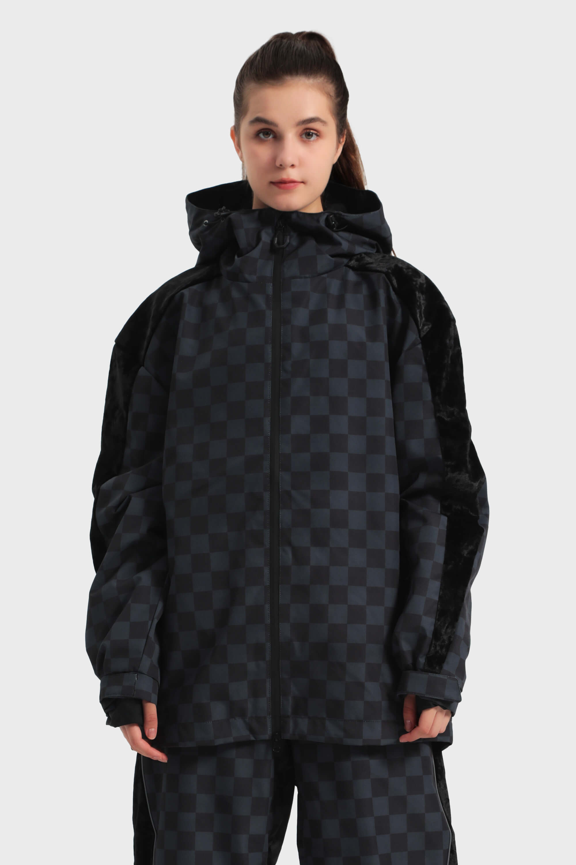 Women's Black Fleece-Lined Plaid Ski Jacket Waterproof Velvet Snow Jacket