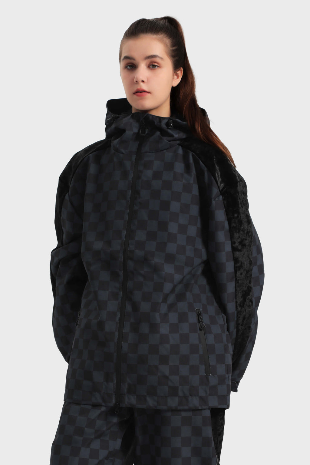 Women's Black Fleece-Lined Plaid Ski Jacket Waterproof Velvet Snow Jacket