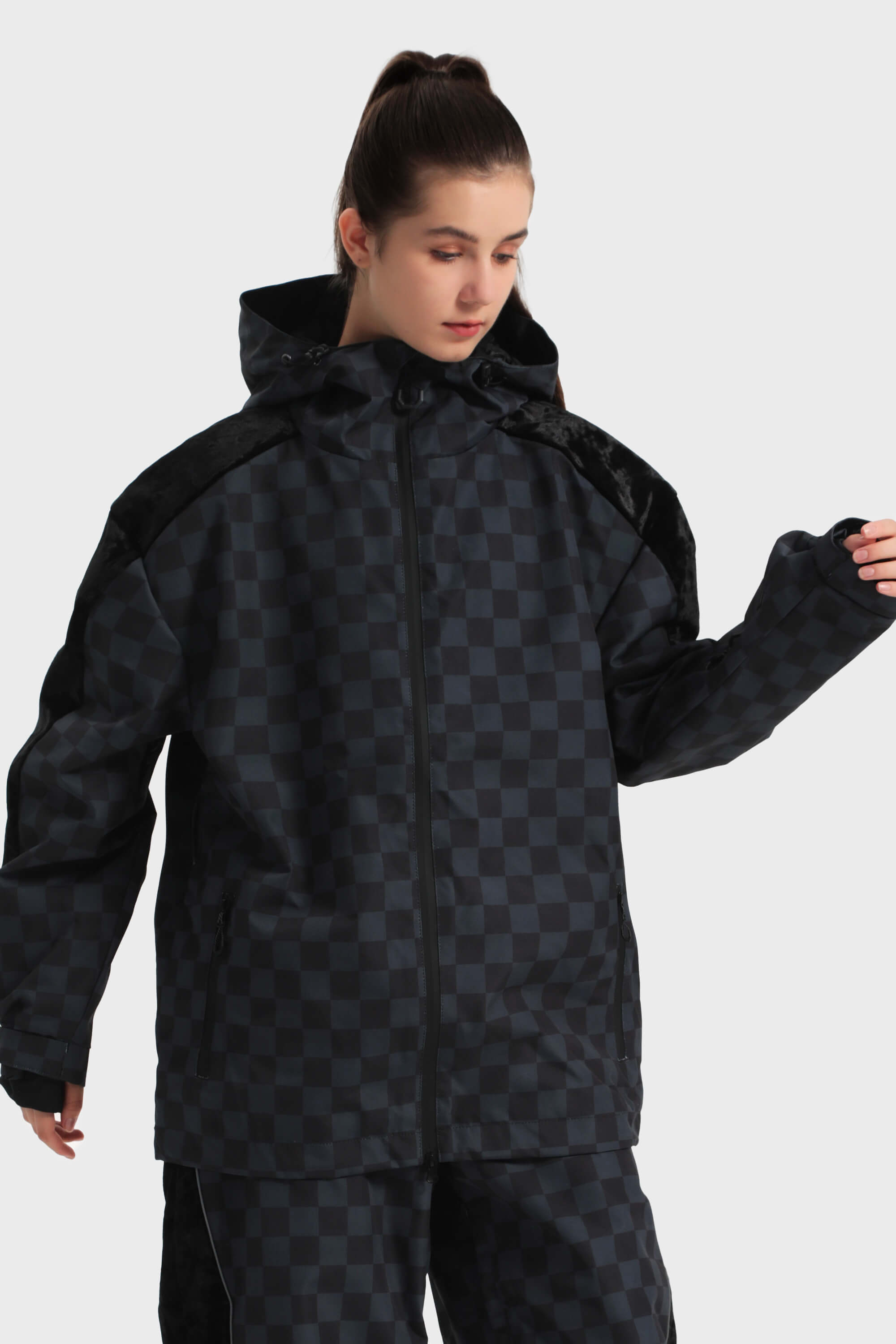 Women's Purple Fleece-Lined Plaid Ski Jacket Waterproof Velvet Snow Jacket