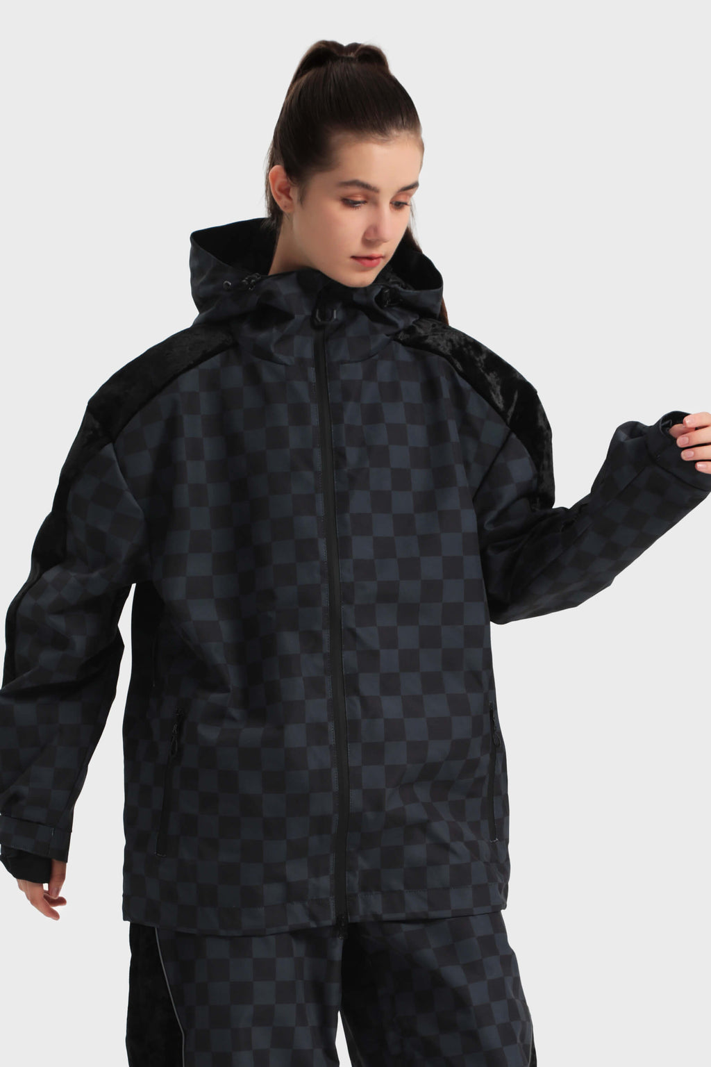 Women's Black Fleece-Lined Plaid Ski Jacket Waterproof Velvet Snow Jacket